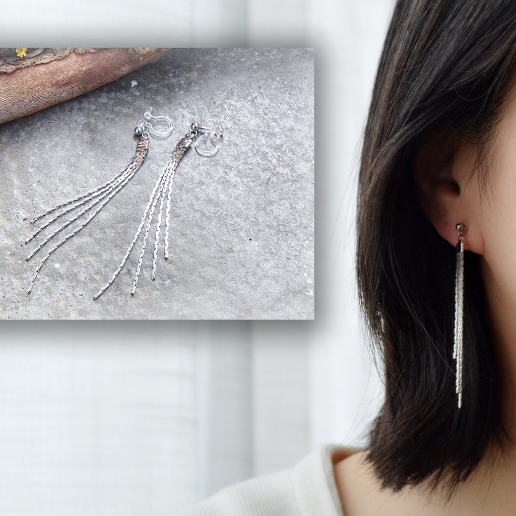 Boucles d'oreilles CLIPS INVISIBLE, Chain tassel earrings, silver color, Clip on earrings, Simple everyday earrings, tassel CLIPS.
