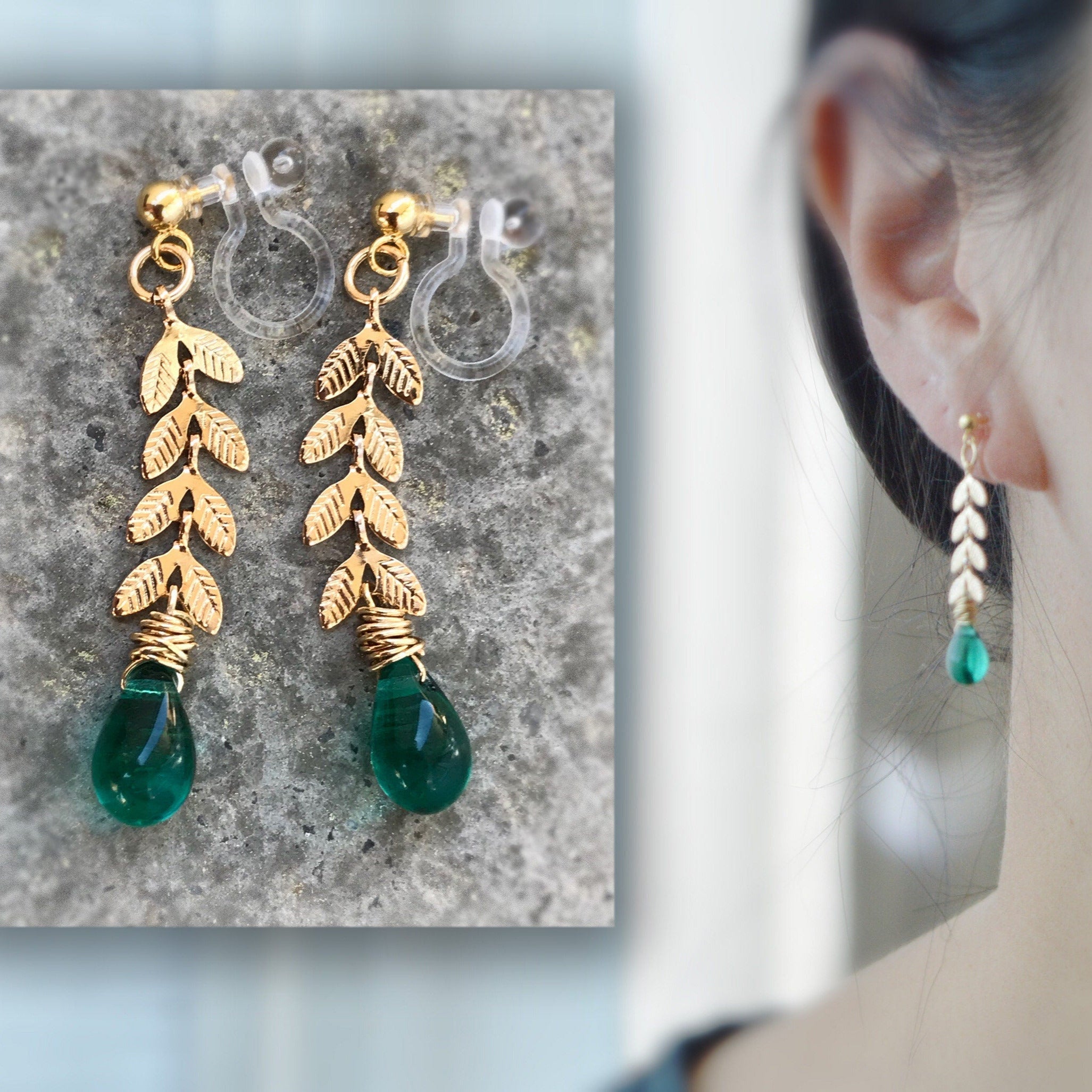 Boucles d'oreilles pendantes CLIPS INVISIBLES couleur doré, Chaîne feuilles, Perle goutte d'eau émeraude vert / Vert poan, bijoux quotidien.