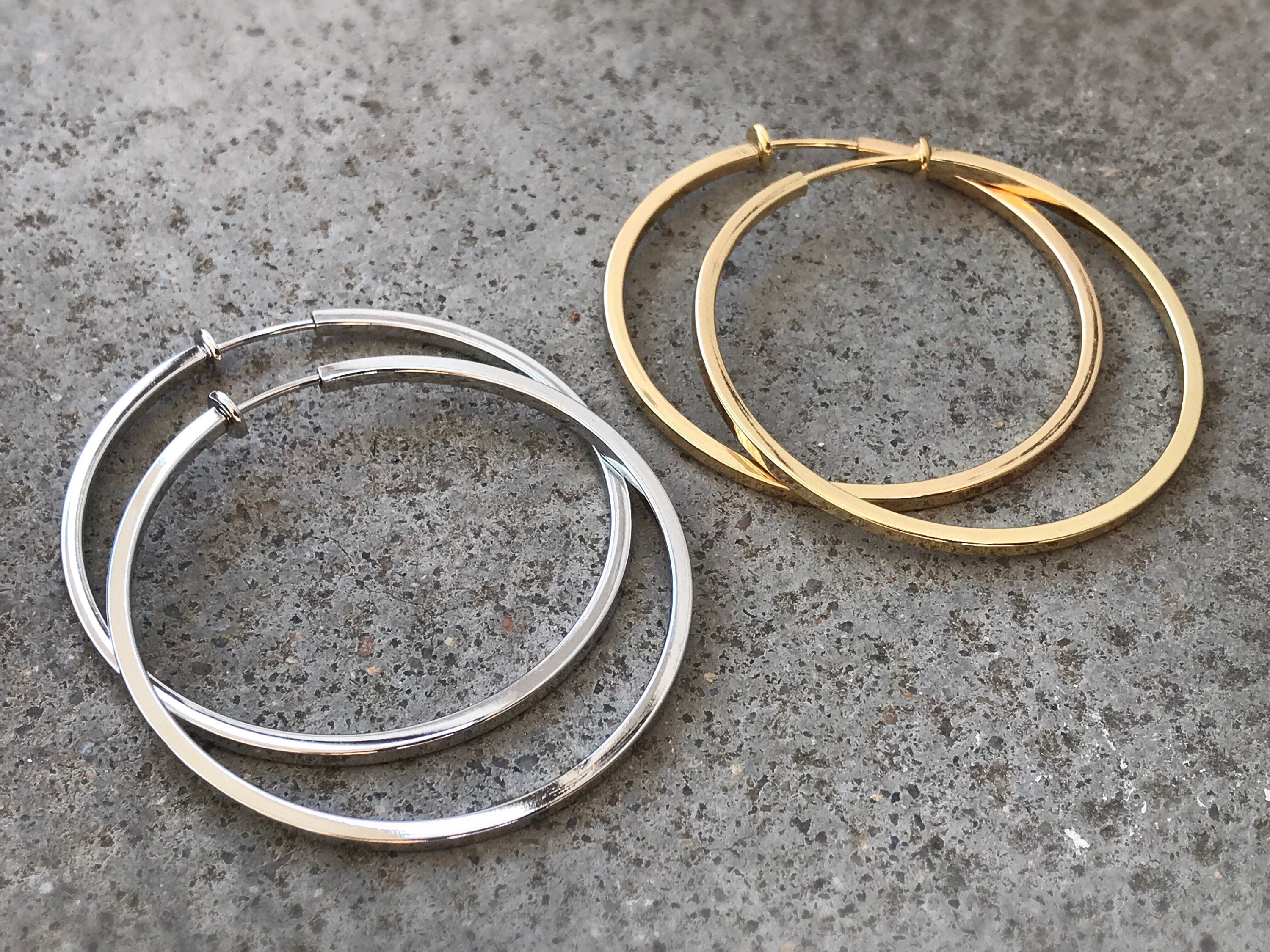 Hoops 50mm Invisible Clip On Earrings, Clip On Hoop Earrings, Non Pierced Earrings Clip On Earrings Modern. Non Pierced Pierced looked.