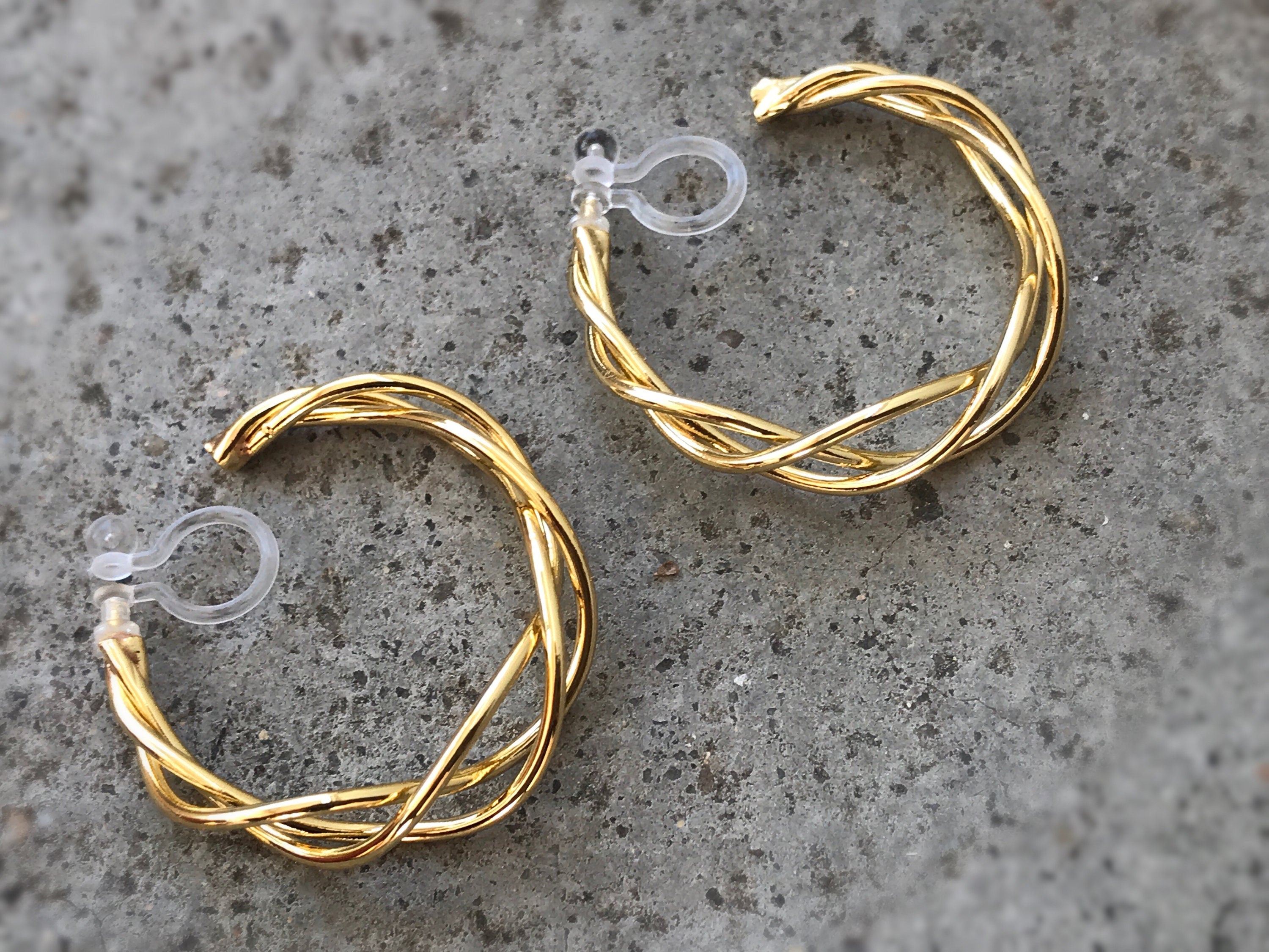 Anneaux Tricoté 30mm Clips Invisibles, Boucles d'oreille créole torsadé CLIPS couleur Or/ Argent oreilles non percées, Anneaux Créoles