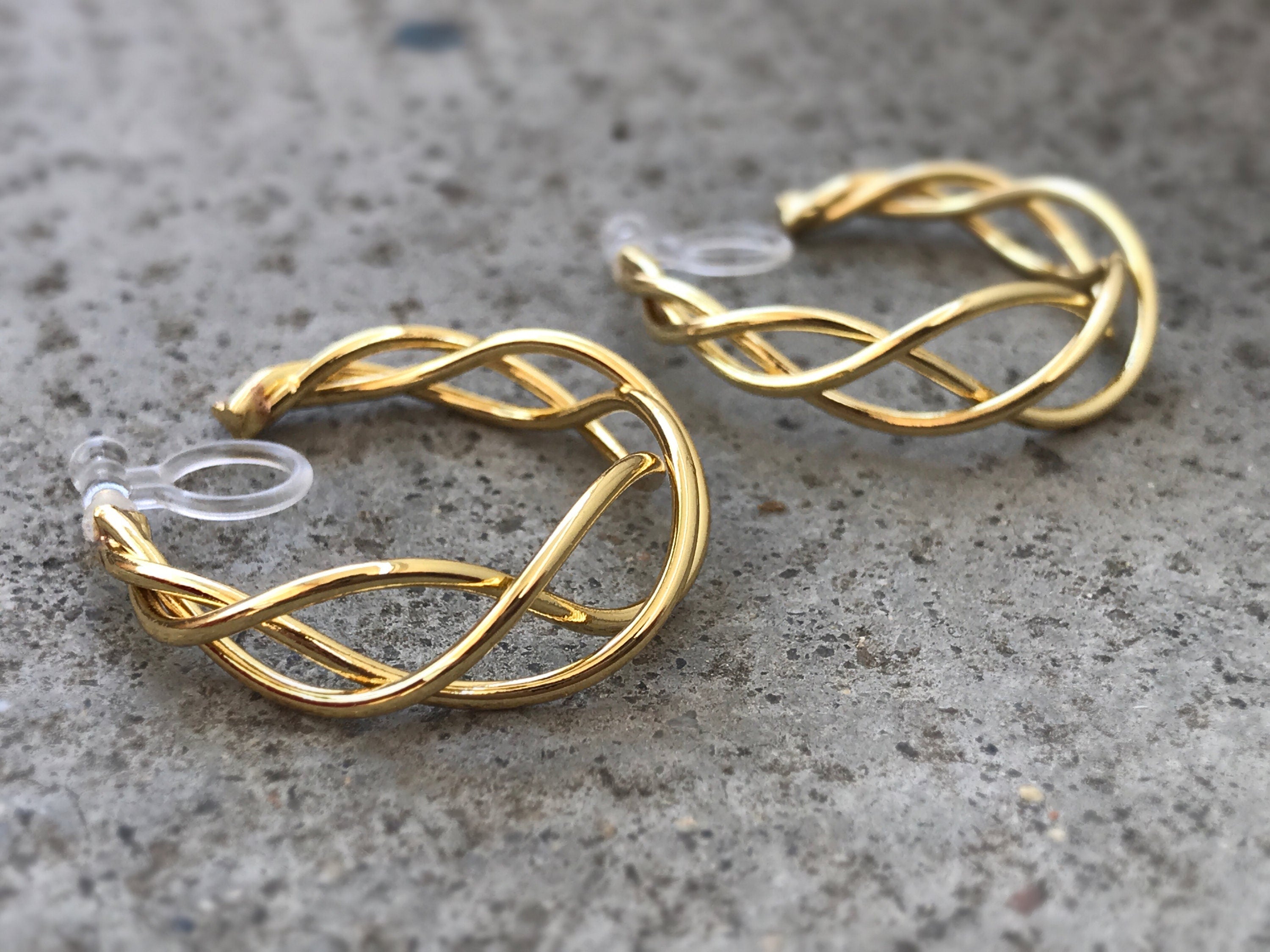 Anneaux Tricoté 30mm Clips Invisibles, Boucles d'oreille créole torsadé CLIPS couleur Or/ Argent oreilles non percées, Anneaux Créoles