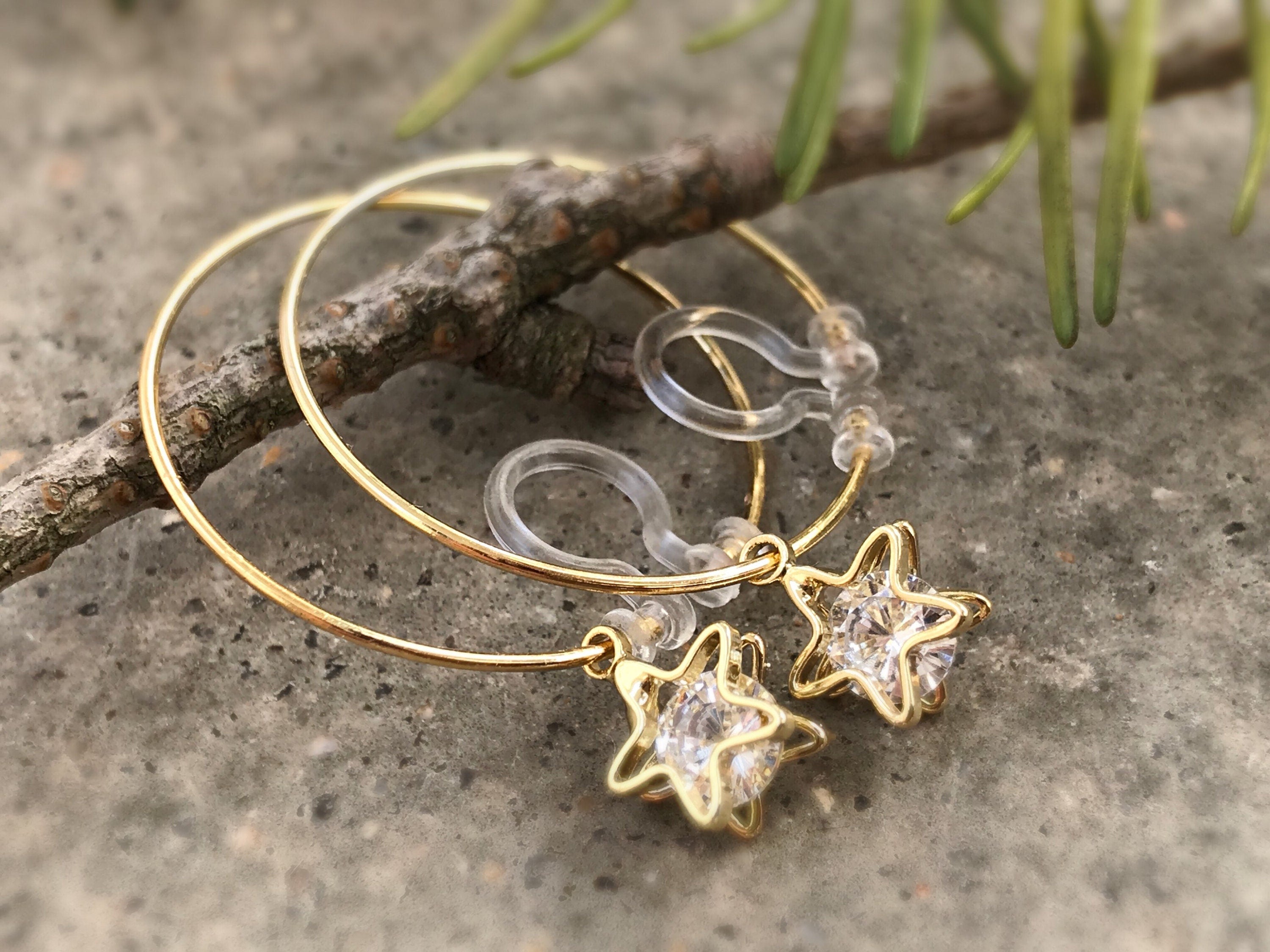 Sweet CAT Hoops Clip On Earrings Gold Glass transparent faceted beads, Non Pierced Earrings Modern, Hoops earrings, Gift For Her