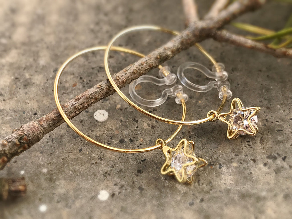 Sweet CAT Hoops Clip On Earrings Gold Glass transparent faceted beads, Non Pierced Earrings Modern, Hoops earrings, Gift For Her