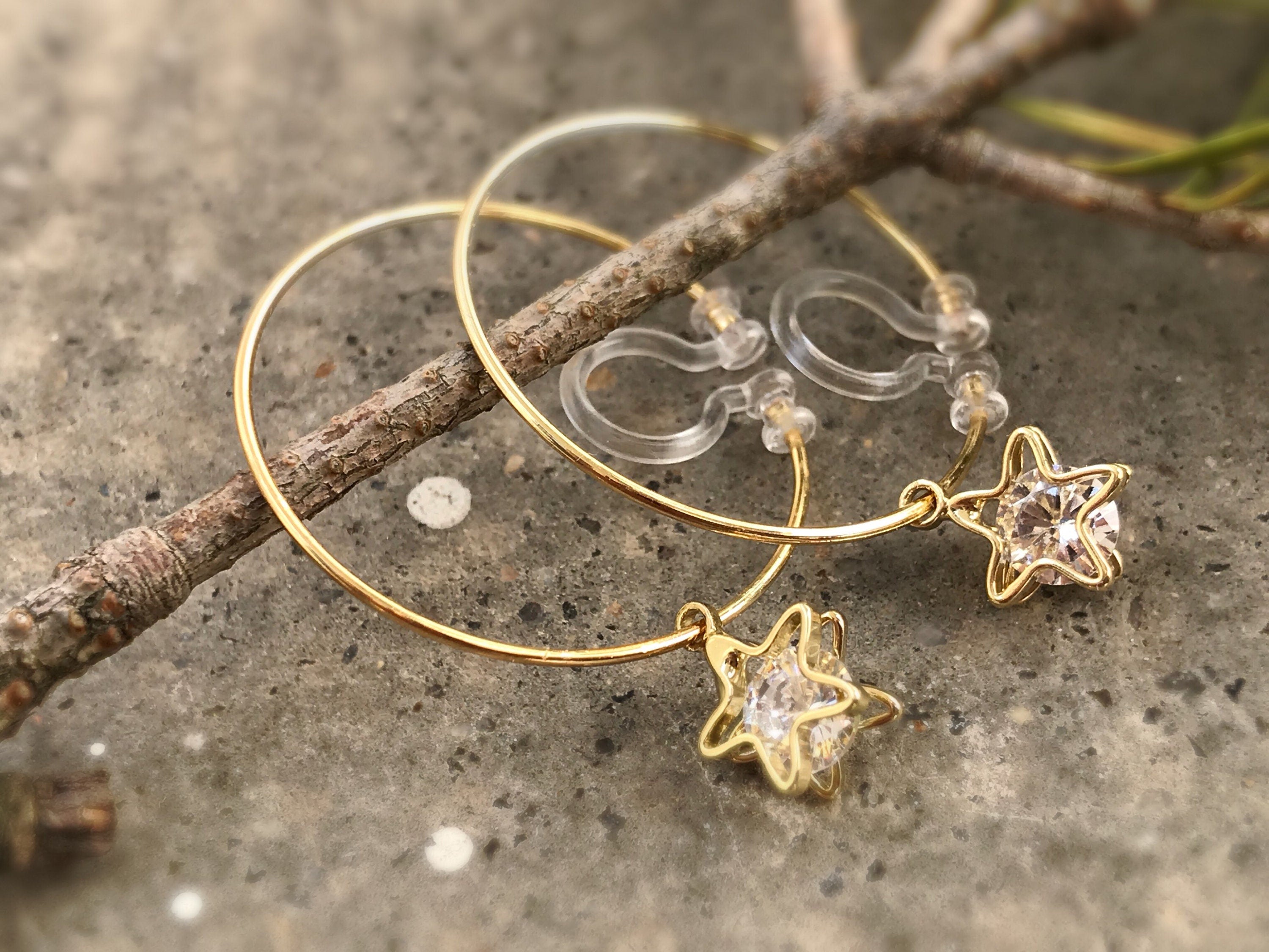 Sweet CAT Hoops Clip On Earrings Gold Glass transparent faceted beads, Non Pierced Earrings Modern, Hoops earrings, Gift For Her