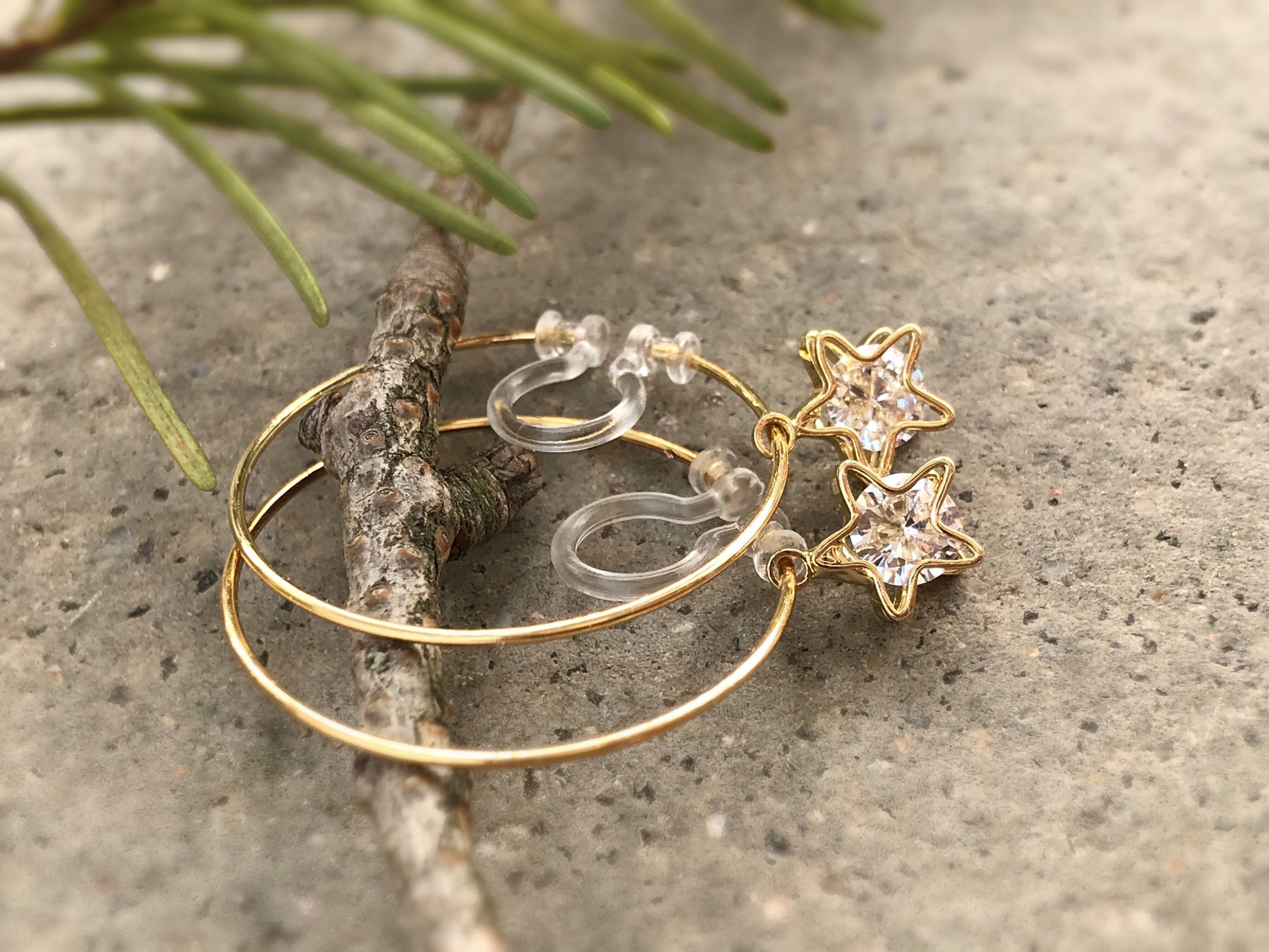 Sweet CAT Hoops Clip On Earrings Gold Glass transparent faceted beads, Non Pierced Earrings Modern, Hoops earrings, Gift For Her