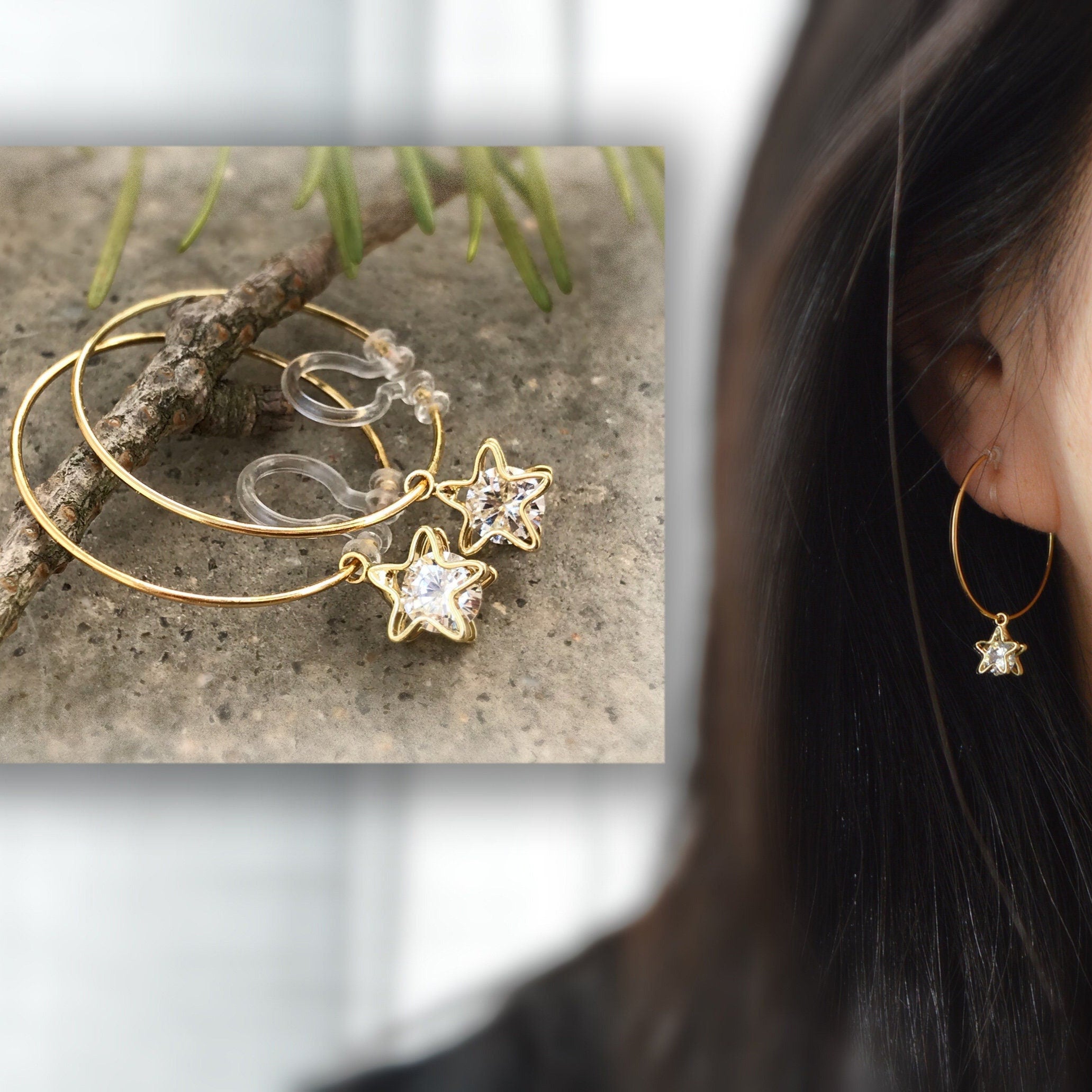 Sweet CAT Hoops Clip On Earrings Gold Glass transparent faceted beads, Non Pierced Earrings Modern, Hoops earrings, Gift For Her