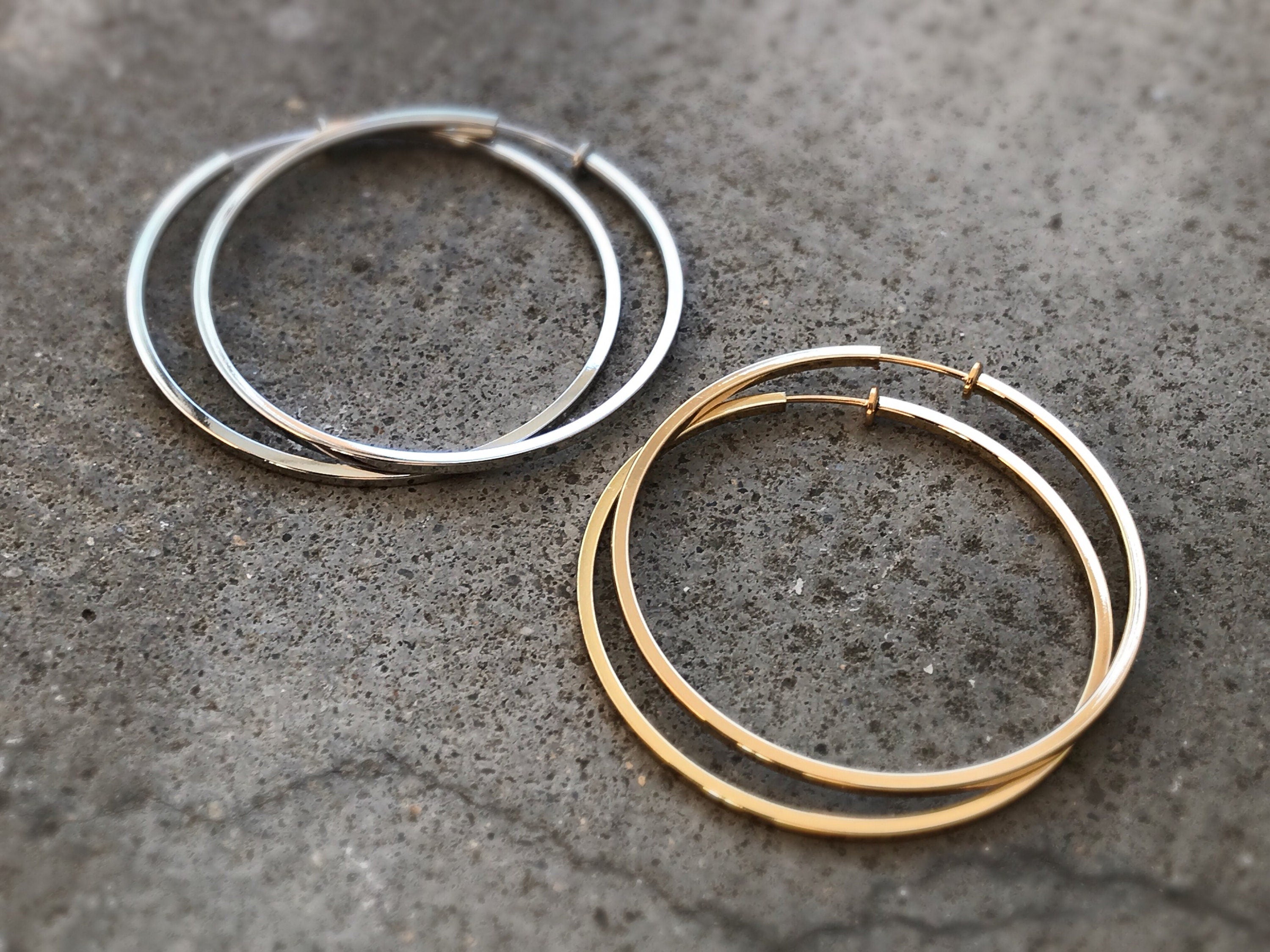 60mm Fil Carrée Créoles Anneaux, Boucles d'oreille CLIPS anneaux couleur or, oreilles non percées, cylindre carré 6cm