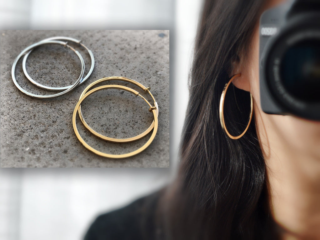 Hoops 50mm Invisible Clip On Earrings, Clip On Hoop Earrings, Non Pierced Earrings Clip On Earrings Modern. Non Pierced Pierced looked.
