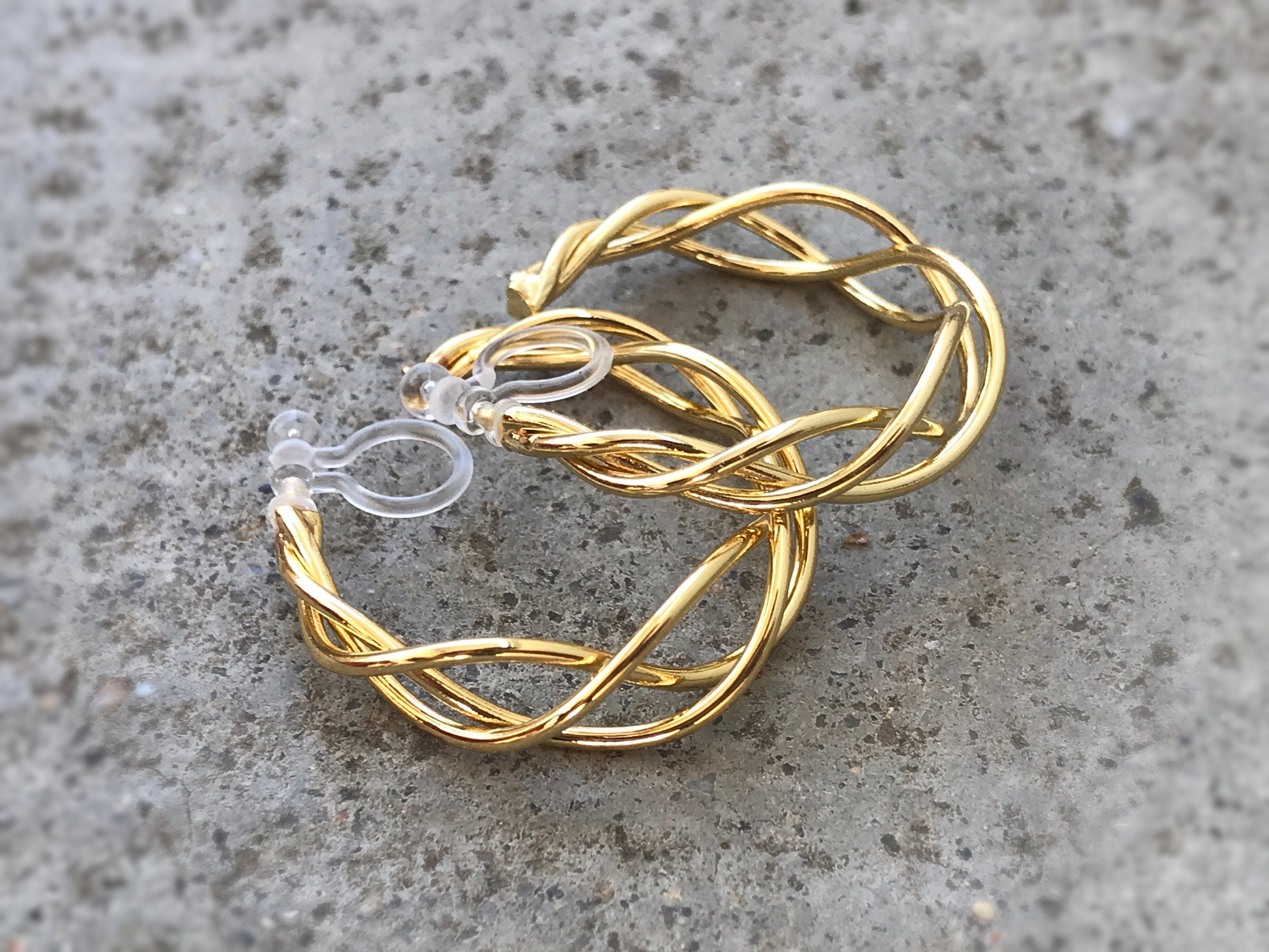 Anneaux Tricoté 30mm Clips Invisibles, Boucles d'oreille créole torsadé CLIPS couleur Or/ Argent oreilles non percées, Anneaux Créoles