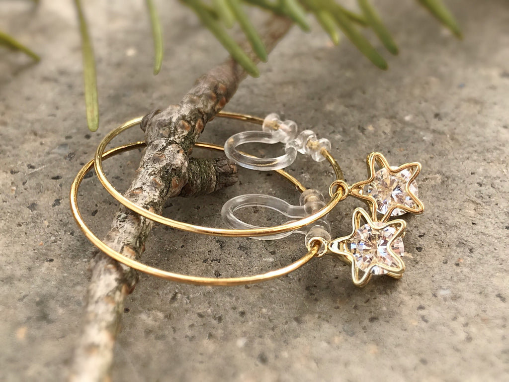 Sweet CAT Hoops Clip On Earrings Gold Glass transparent faceted beads, Non Pierced Earrings Modern, Hoops earrings, Gift For Her