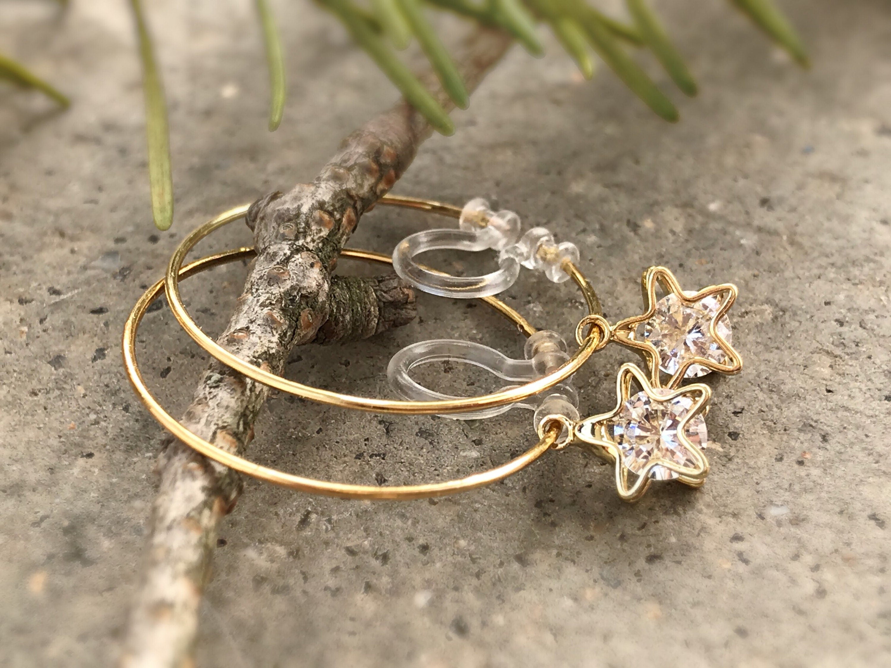 Sweet CAT Hoops Clip On Earrings Gold Glass transparent faceted beads, Non Pierced Earrings Modern, Hoops earrings, Gift For Her