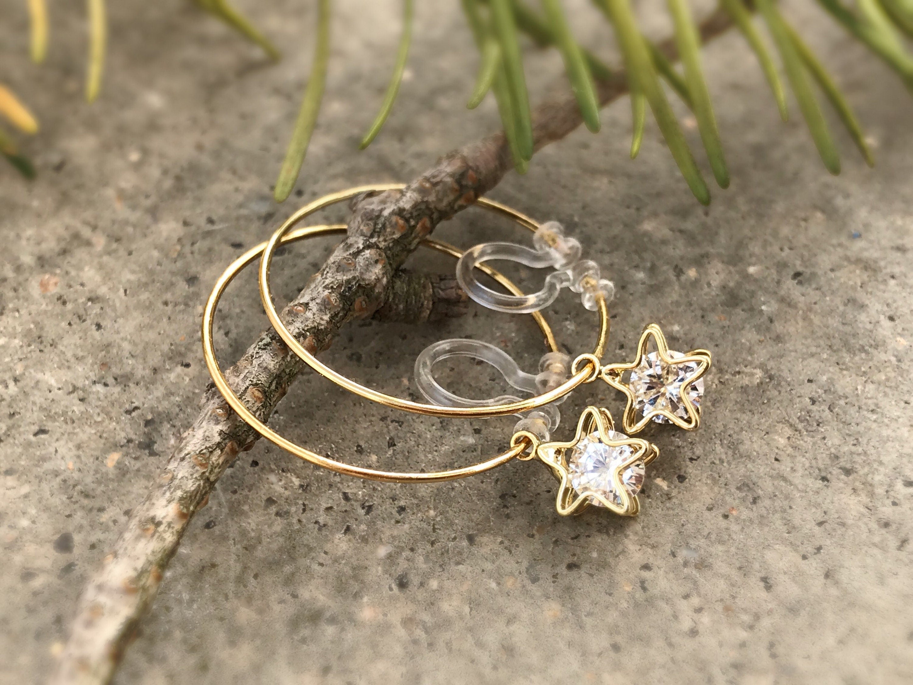 Sweet CAT Hoops Clip On Earrings Gold Glass transparent faceted beads, Non Pierced Earrings Modern, Hoops earrings, Gift For Her