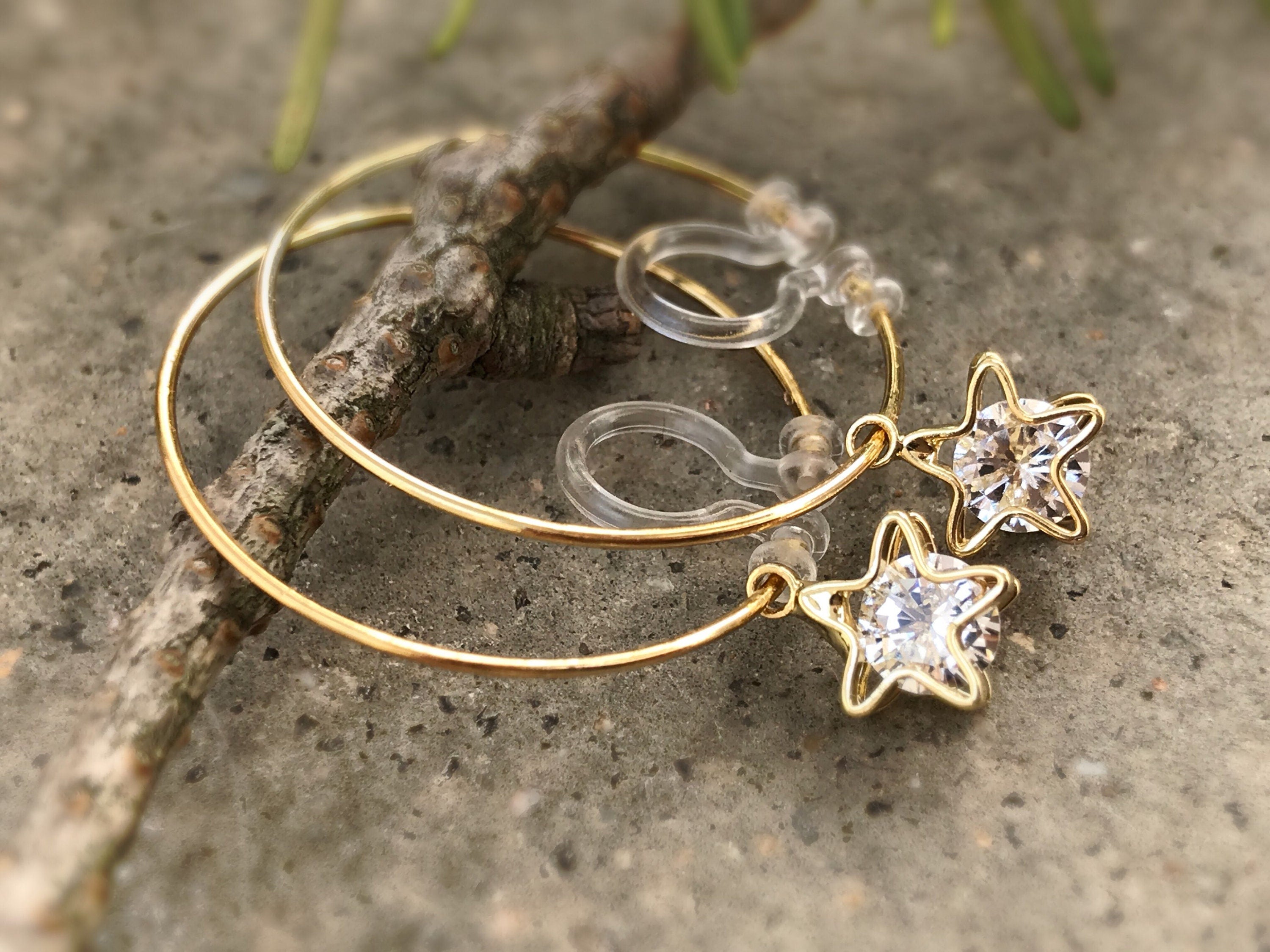 Sweet CAT Hoops Clip On Earrings Gold Glass transparent faceted beads, Non Pierced Earrings Modern, Hoops earrings, Gift For Her