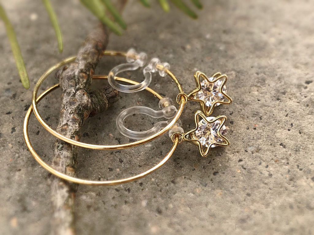 Sweet CAT Hoops Clip On Earrings Gold Glass transparent faceted beads, Non Pierced Earrings Modern, Hoops earrings, Gift For Her