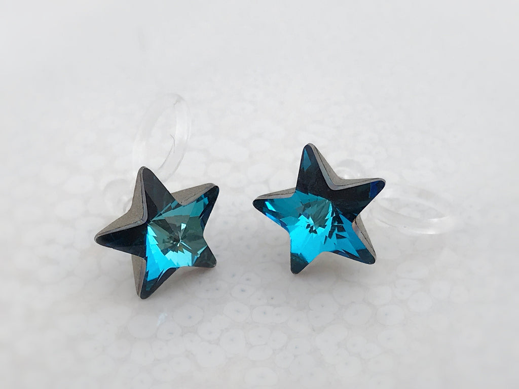 Swarovski Blue Star Crystal Invisible Clip on Earrings Modern Blue Rhinestone Clip on Stud Earrings Simple Non Pierced Earrings