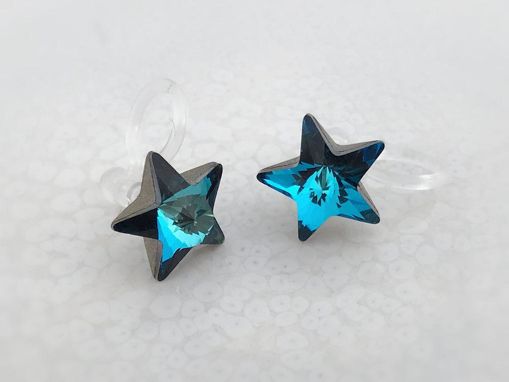 Swarovski Blue Star Crystal Invisible Clip on Earrings Modern Blue Rhinestone Clip on Stud Earrings Simple Non Pierced Earrings