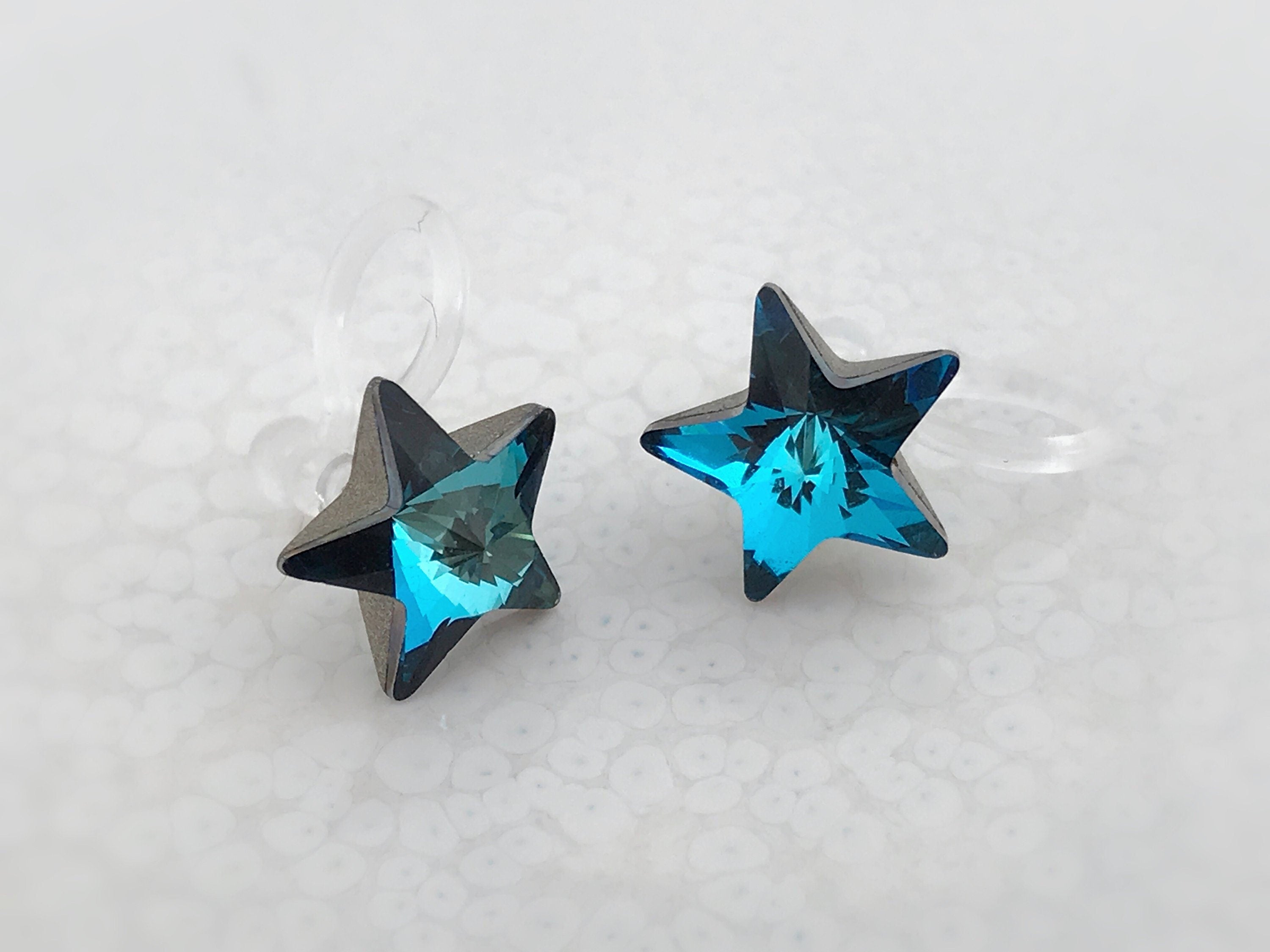 Swarovski Blue Star Crystal Invisible Clip on Earrings Modern Blue Rhinestone Clip on Stud Earrings Simple Non Pierced Earrings