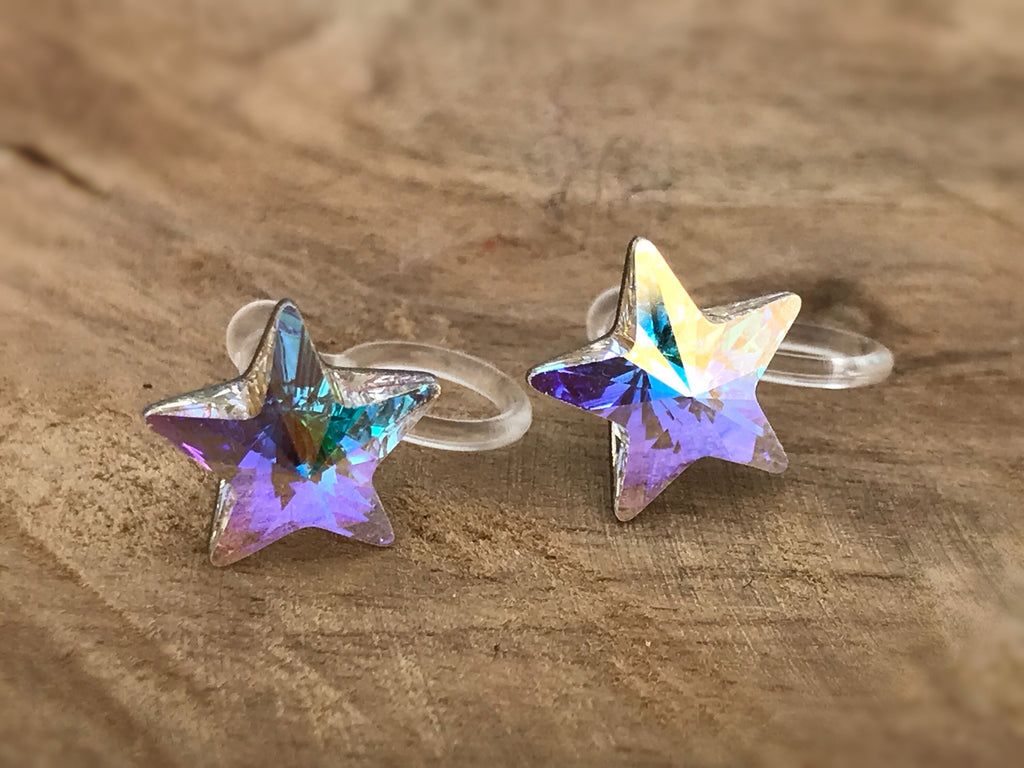 Boucles d'oreilles CLIPS invisible Étoile cristal AB Cristaux PureCrystal, Petite étoile cristal Symphonie de couleurs bijoux quotidien.