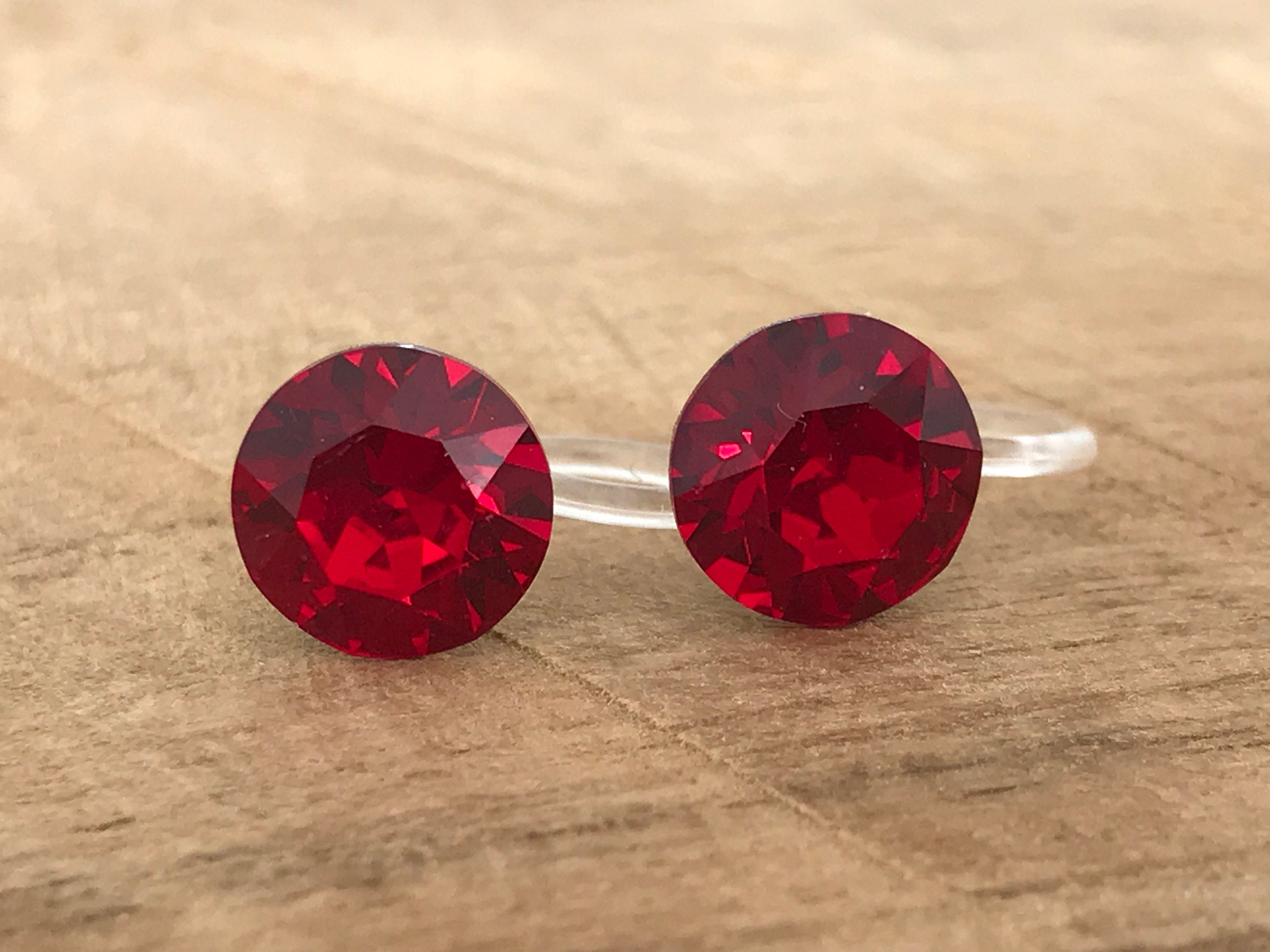 Invisible Round Crystal CLIPS Earrings SIAM PureCristal Crystals, Small Round Red Crystal Ear Clips, Minimalist Jewelry.
