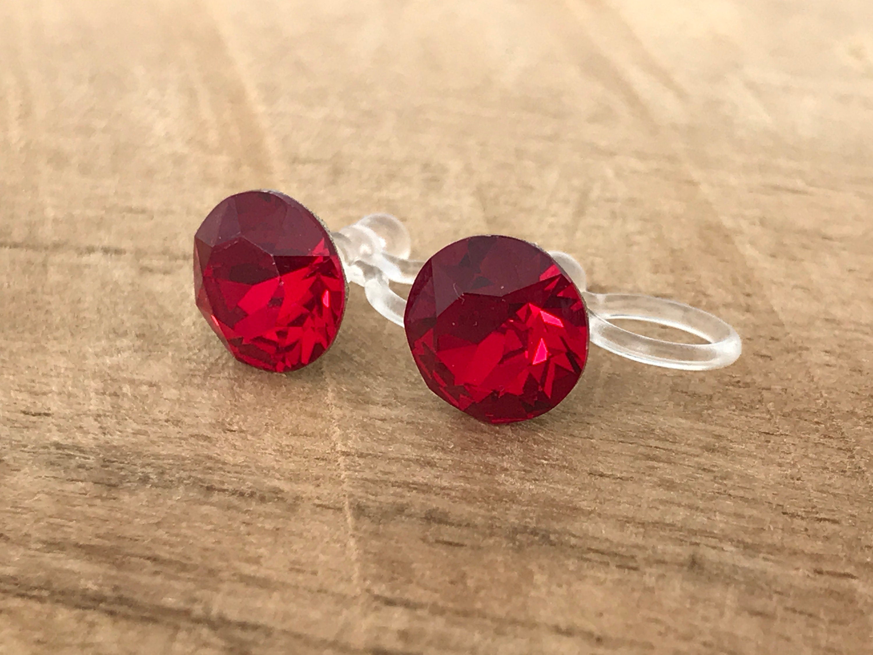 Invisible Round Crystal CLIPS Earrings SIAM PureCristal Crystals, Small Round Red Crystal Ear Clips, Minimalist Jewelry.