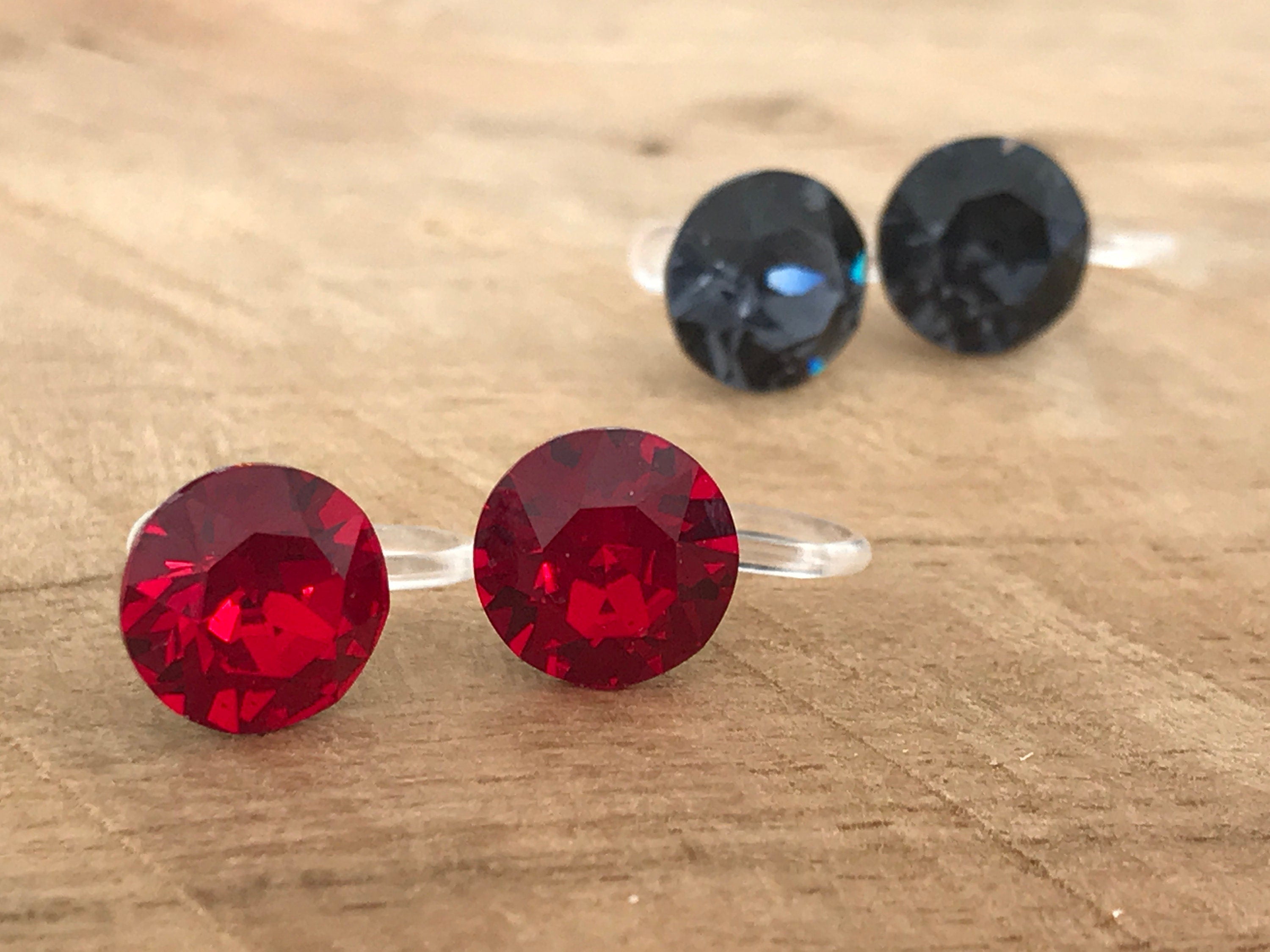 Invisible Round Crystal CLIPS Earrings SIAM PureCristal Crystals, Small Round Red Crystal Ear Clips, Minimalist Jewelry.