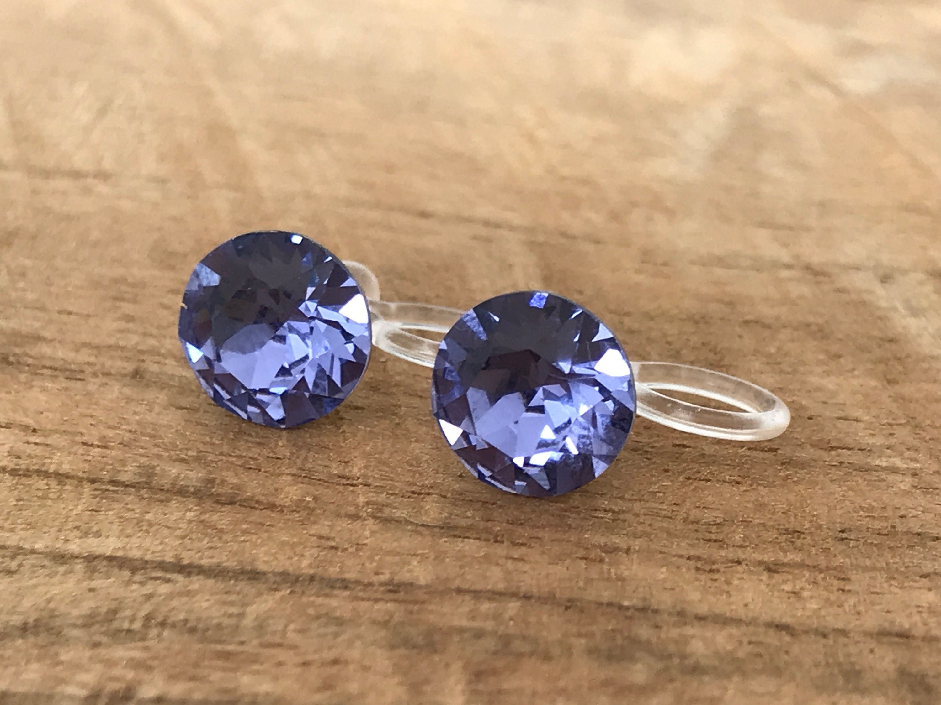 Swarovski Crystal TANZANITE Invisible Clip on Earrings Modern Purple Rhinestone Clip on Stud Earrings Simple Non Pierced Earrings