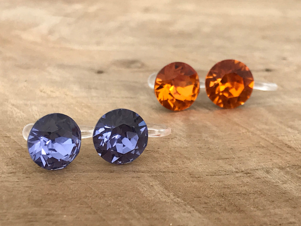 Swarovski Crystal TANZANITE Invisible Clip on Earrings Modern Purple Rhinestone Clip on Stud Earrings Simple Non Pierced Earrings