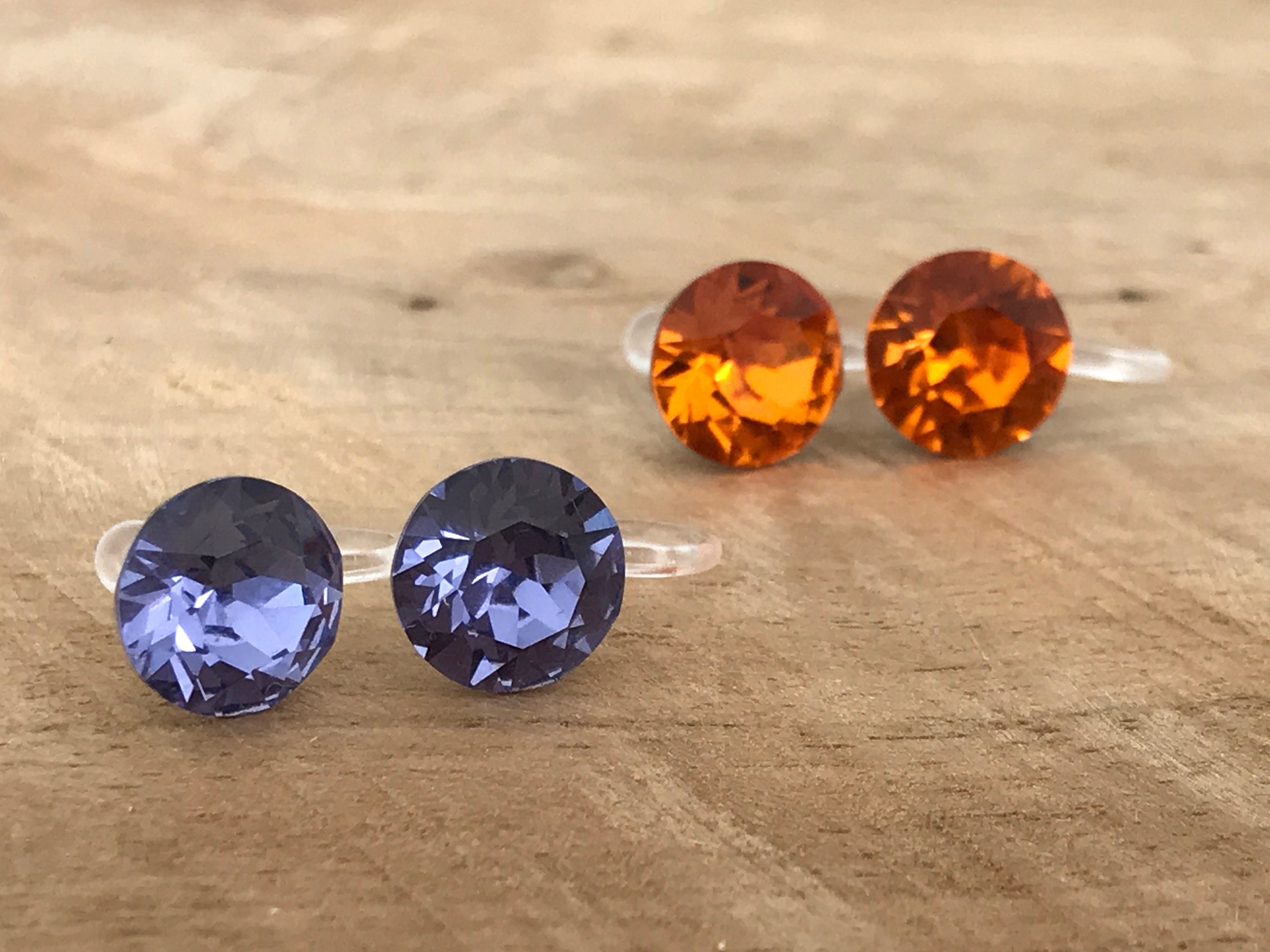 Swarovski Crystal TANZANITE Invisible Clip on Earrings Modern Purple Rhinestone Clip on Stud Earrings Simple Non Pierced Earrings