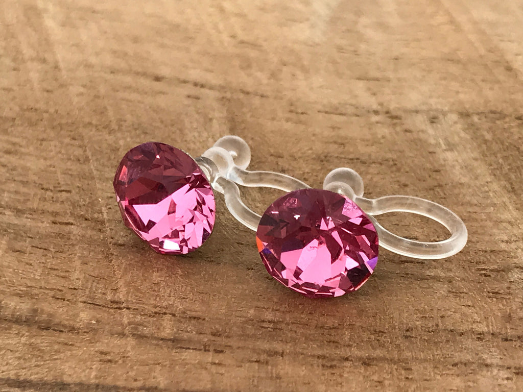 Boucles d'oreilles CLIPS invisible Cristal Rond ROSE Cristaux PureCristal, Clips d'Oreille Petit Rond cristal Rose, Bijoux Minimaliste.