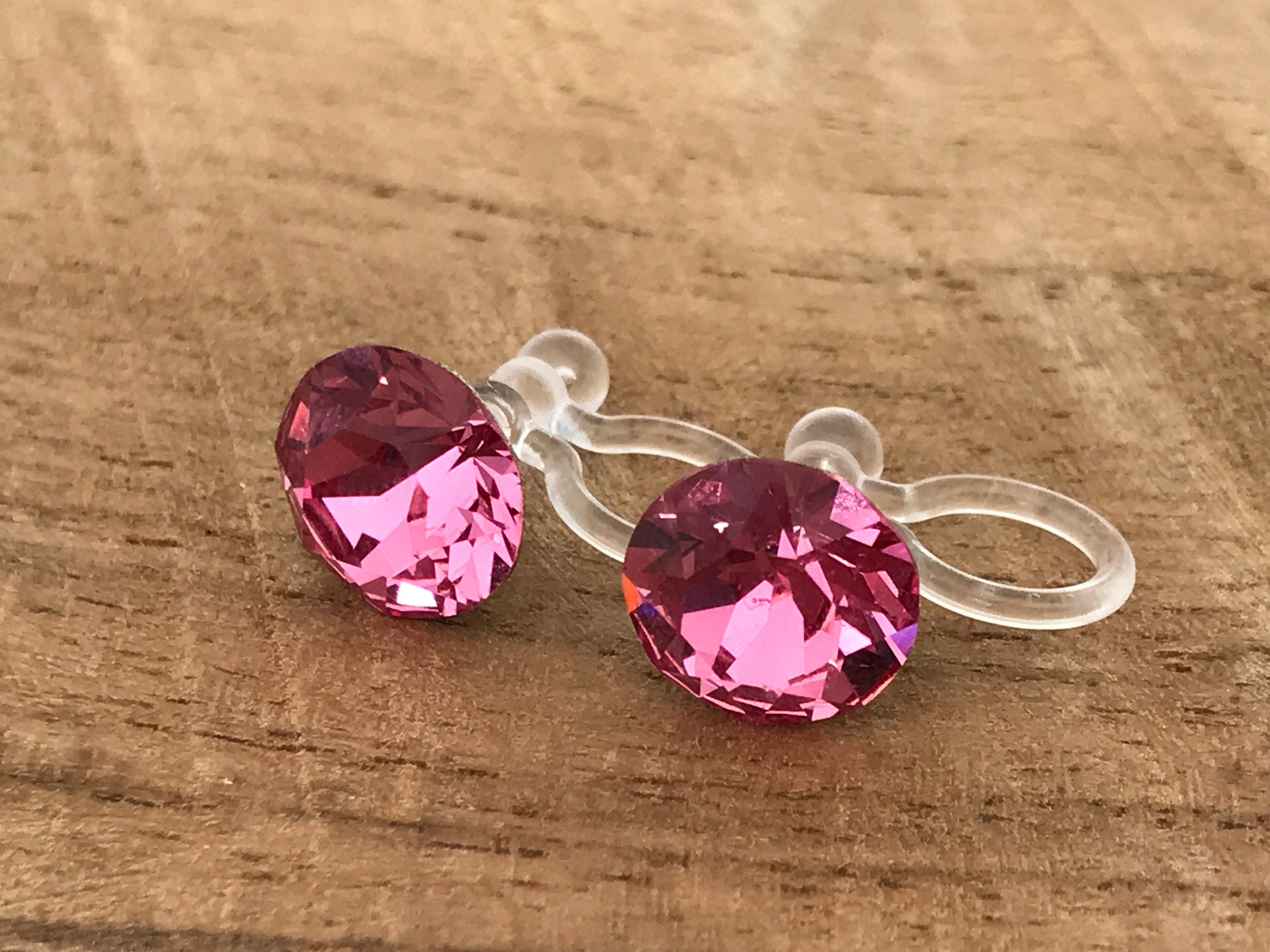 Boucles d'oreilles CLIPS invisible Cristal Rond ROSE Cristaux PureCristal, Clips d'Oreille Petit Rond cristal Rose, Bijoux Minimaliste.