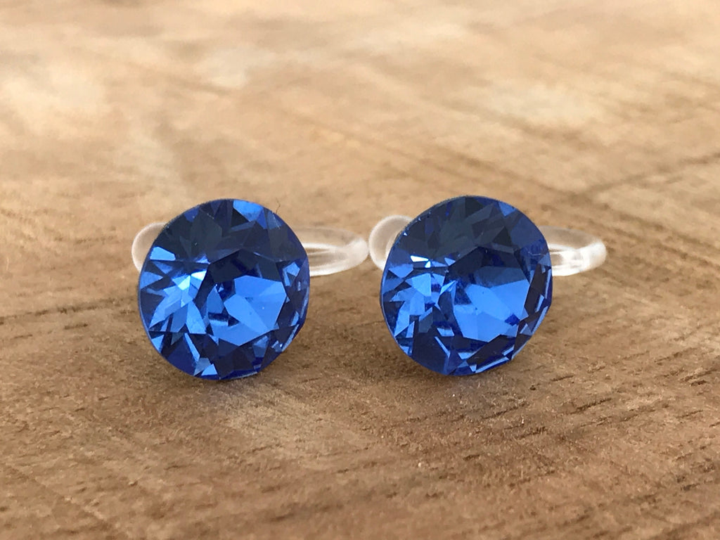 Boucles d'oreilles CLIPS invisible Cristal Rond SAPPHIR Cristaux PureCristal, Clips d'Oreille Petit Rond cristal Bleu, Bijoux Minimaliste.