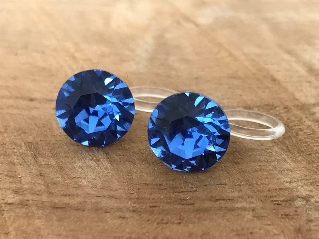 Boucles d'oreilles CLIPS invisible Cristal Rond SAPPHIR Cristaux PureCristal, Clips d'Oreille Petit Rond cristal Bleu, Bijoux Minimaliste.