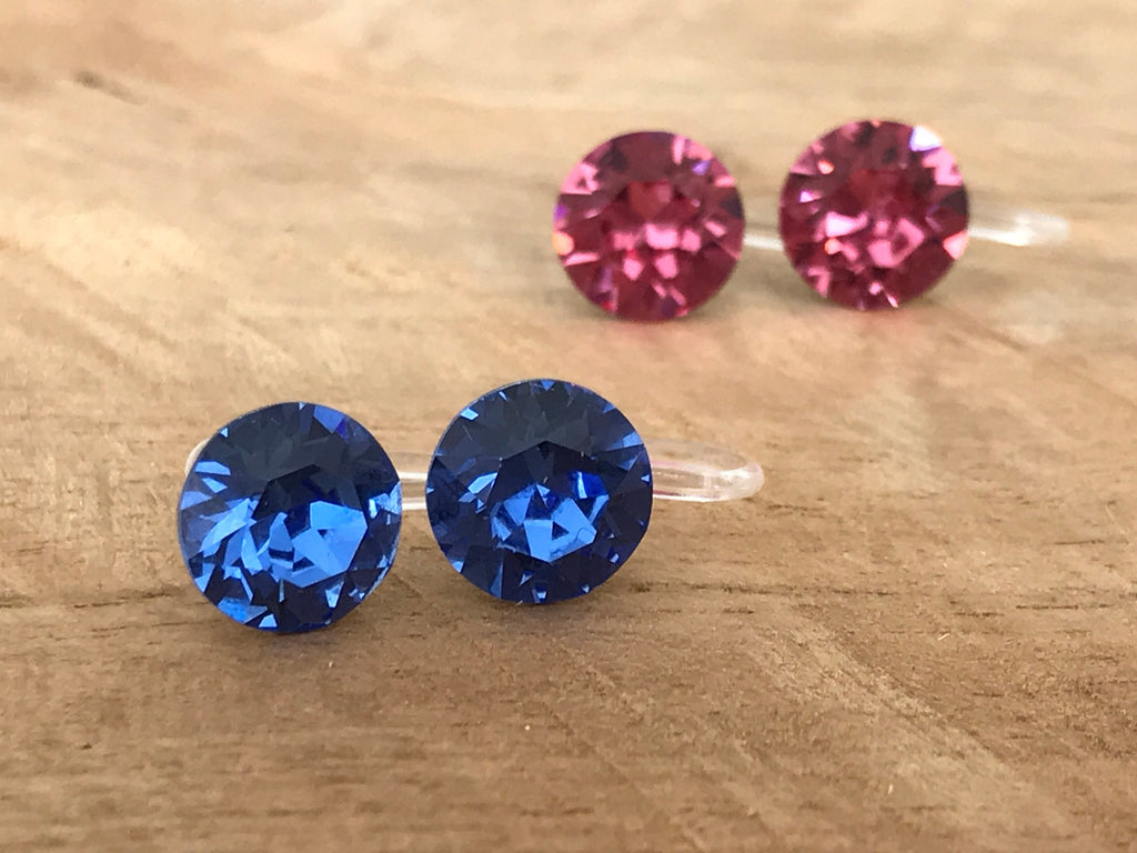 Boucles d'oreilles CLIPS invisible Cristal Rond SAPPHIR Cristaux PureCristal, Clips d'Oreille Petit Rond cristal Bleu, Bijoux Minimaliste.