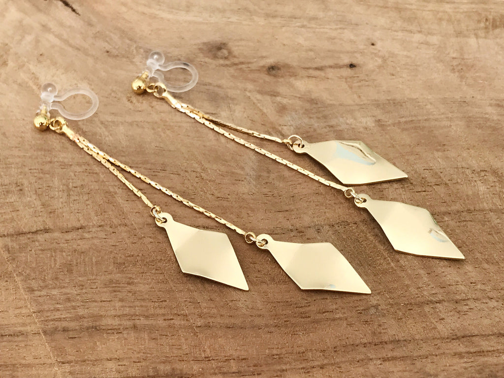 Longues Boucles d'oreilles CLIPS INVISIBLES pendantes tassel Double Losanges Torsadés couleur doré. Bijoux quotidien Cadeaux pour elle.