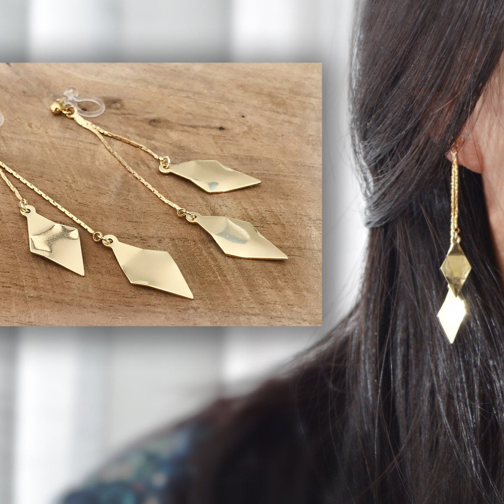 Longues Boucles d'oreilles CLIPS INVISIBLES pendantes tassel Double Losanges Torsadés couleur doré. Bijoux quotidien Cadeaux pour elle.