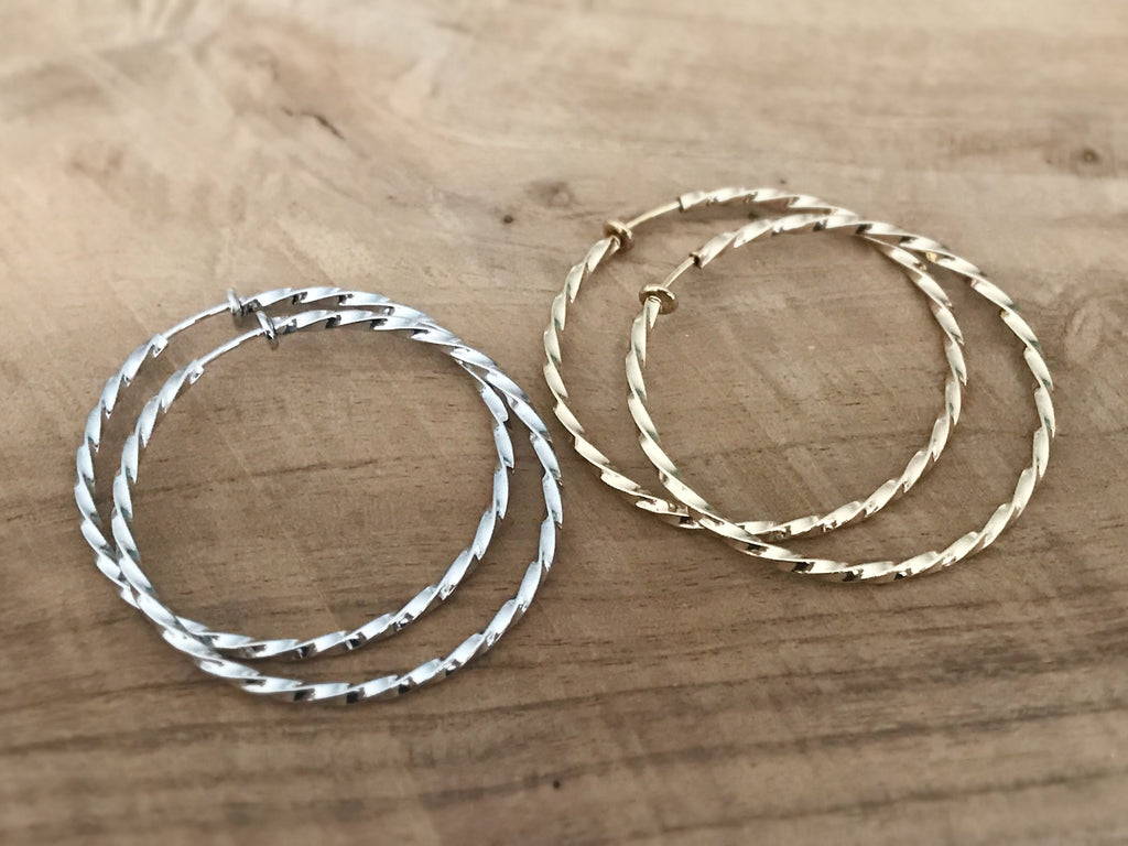 50mm Créoles Torsadés Anneaux Vrillés, fil carré, Boucles d'oreille CLIPS Anneaux Créoles couleur Argenté ou doré, Créoles torsadé 5cm