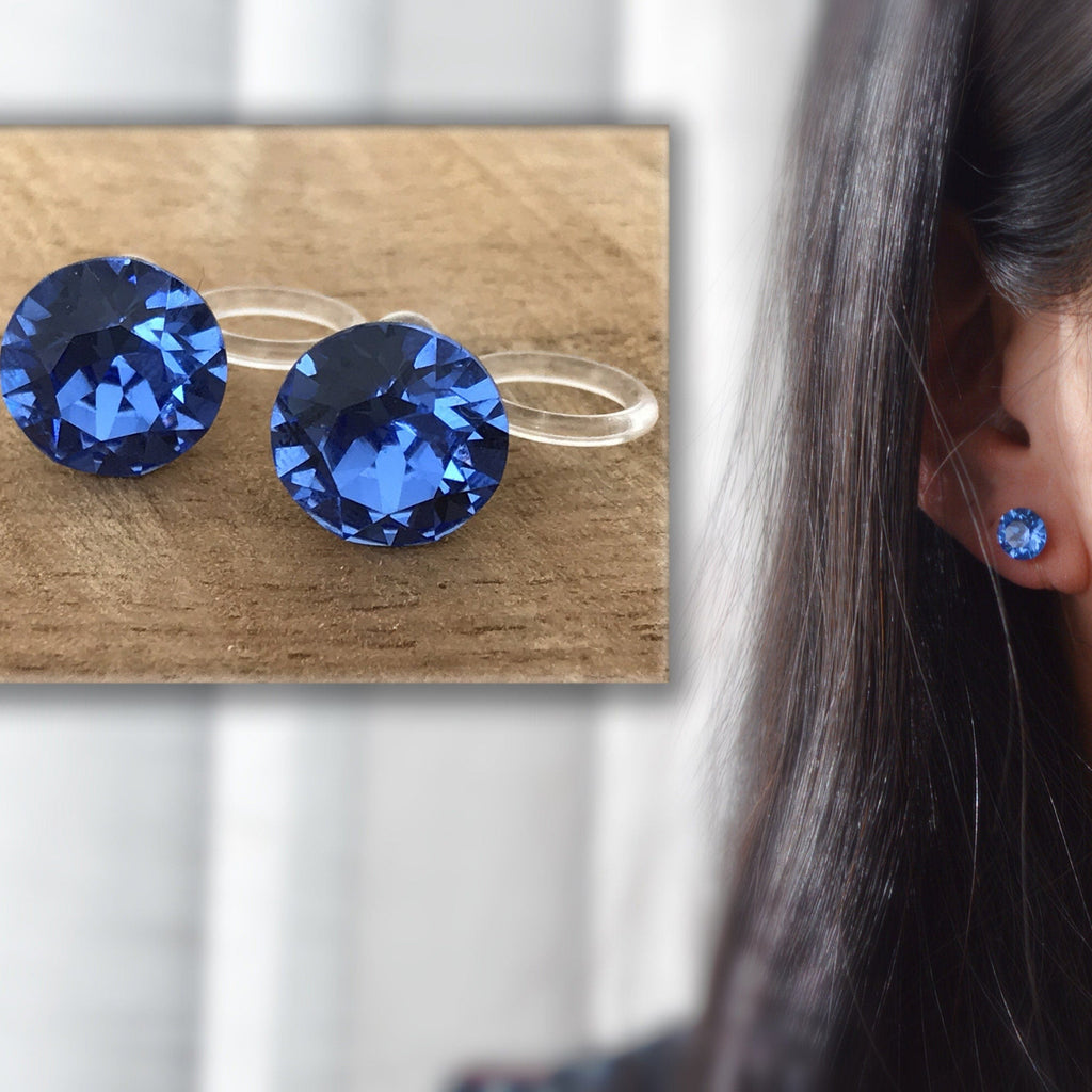 Boucles d'oreilles CLIPS invisible Cristal Rond SAPPHIR Cristaux PureCristal, Clips d'Oreille Petit Rond cristal Bleu, Bijoux Minimaliste.