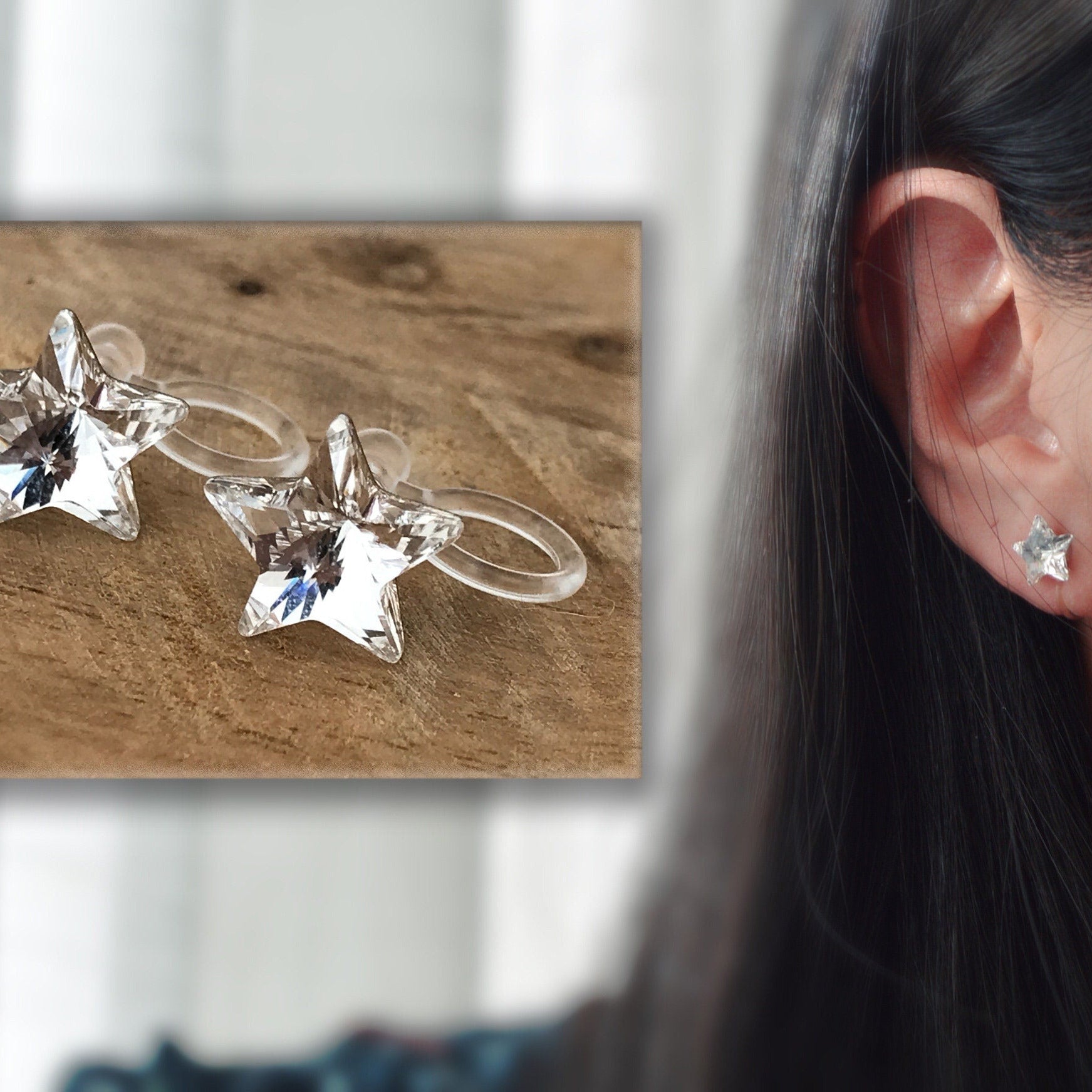 Swarovski Crystal Star Invisible Clip on Earrings Modern Rhinestone Clip on Stud Earrings Simple Non Pierced Earrings