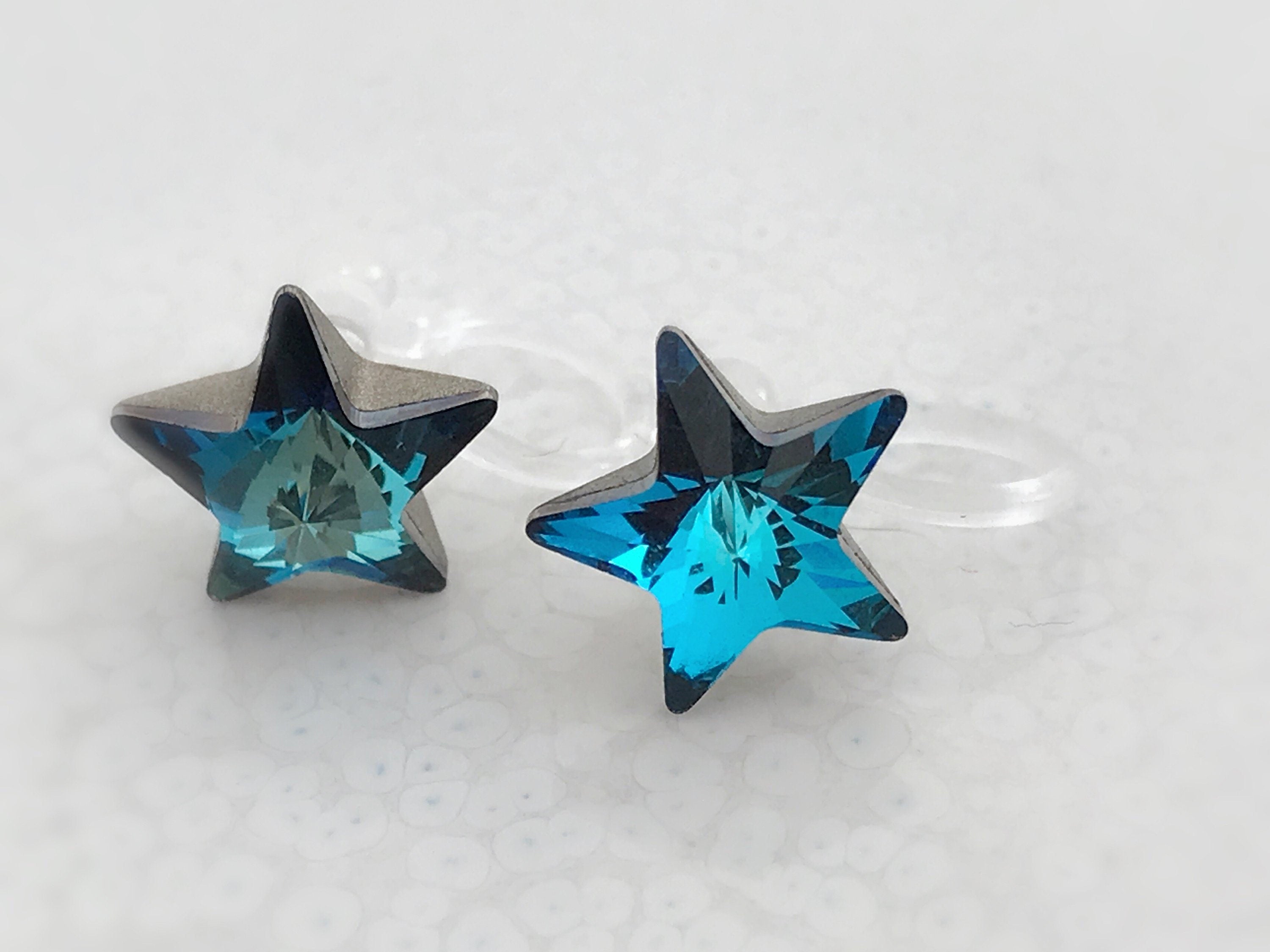 Swarovski Blue Star Crystal Invisible Clip on Earrings Modern Blue Rhinestone Clip on Stud Earrings Simple Non Pierced Earrings