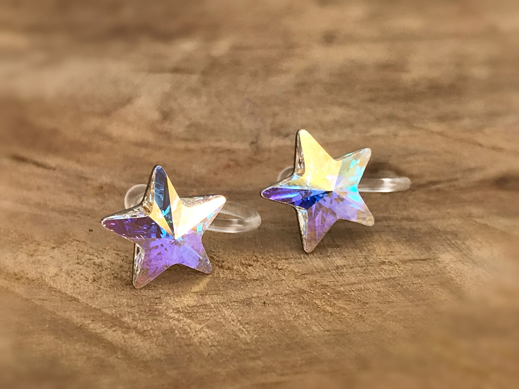 Boucles d'oreilles CLIPS invisible Étoile cristal AB Cristaux PureCrystal, Petite étoile cristal Symphonie de couleurs bijoux quotidien.