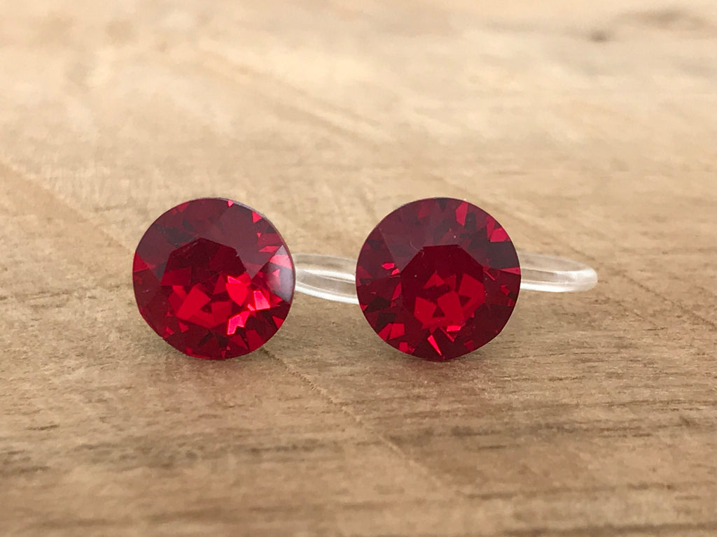 Invisible Round Crystal CLIPS Earrings SIAM PureCristal Crystals, Small Round Red Crystal Ear Clips, Minimalist Jewelry.