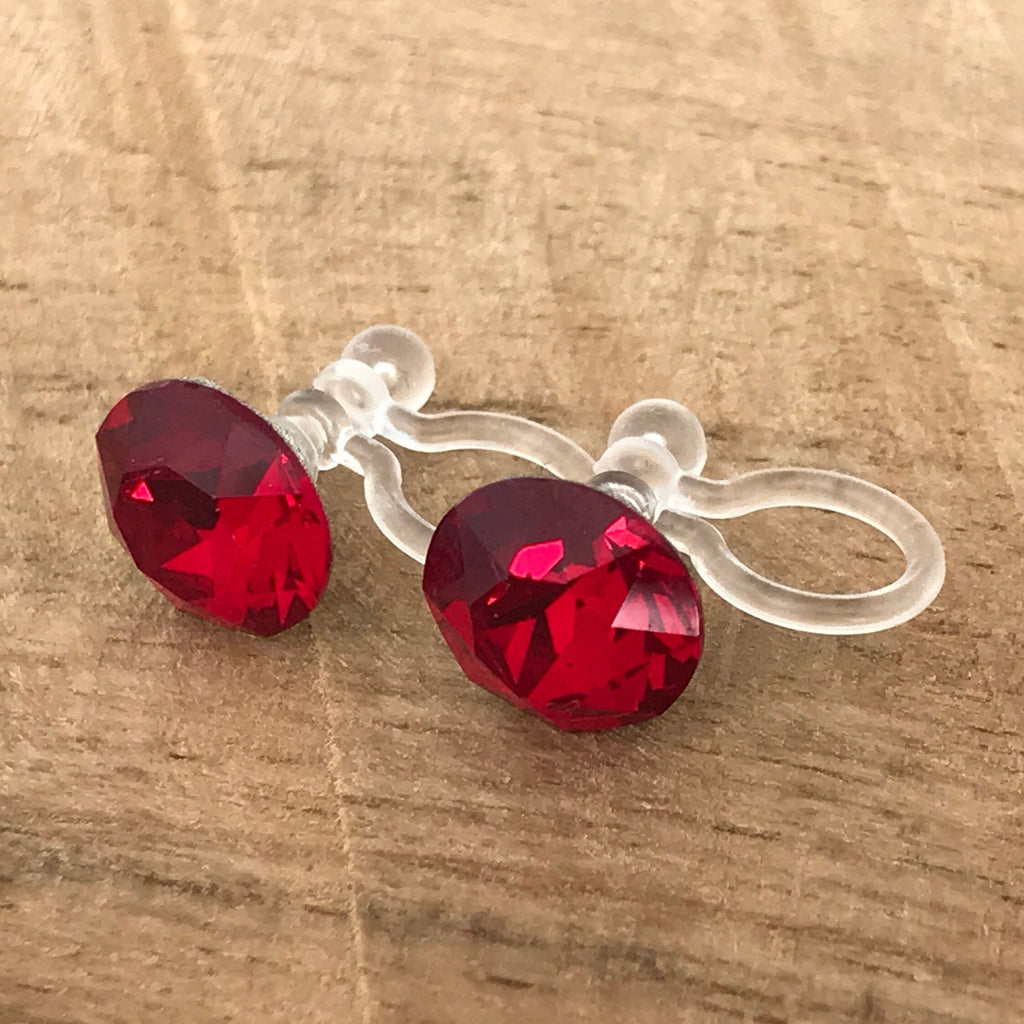 Invisible Round Crystal CLIPS Earrings SIAM PureCristal Crystals, Small Round Red Crystal Ear Clips, Minimalist Jewelry.