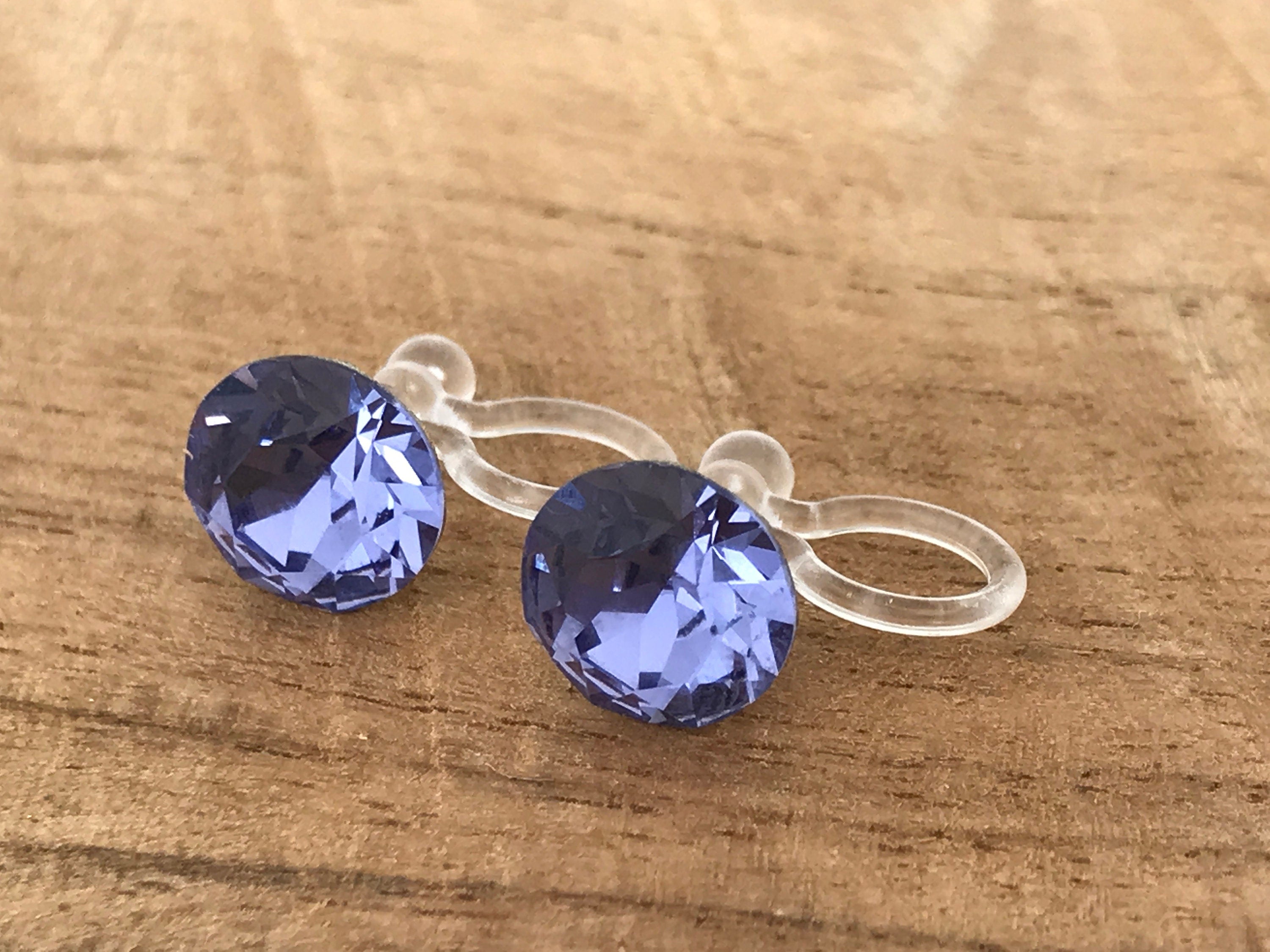 Swarovski Crystal TANZANITE Invisible Clip on Earrings Modern Purple Rhinestone Clip on Stud Earrings Simple Non Pierced Earrings