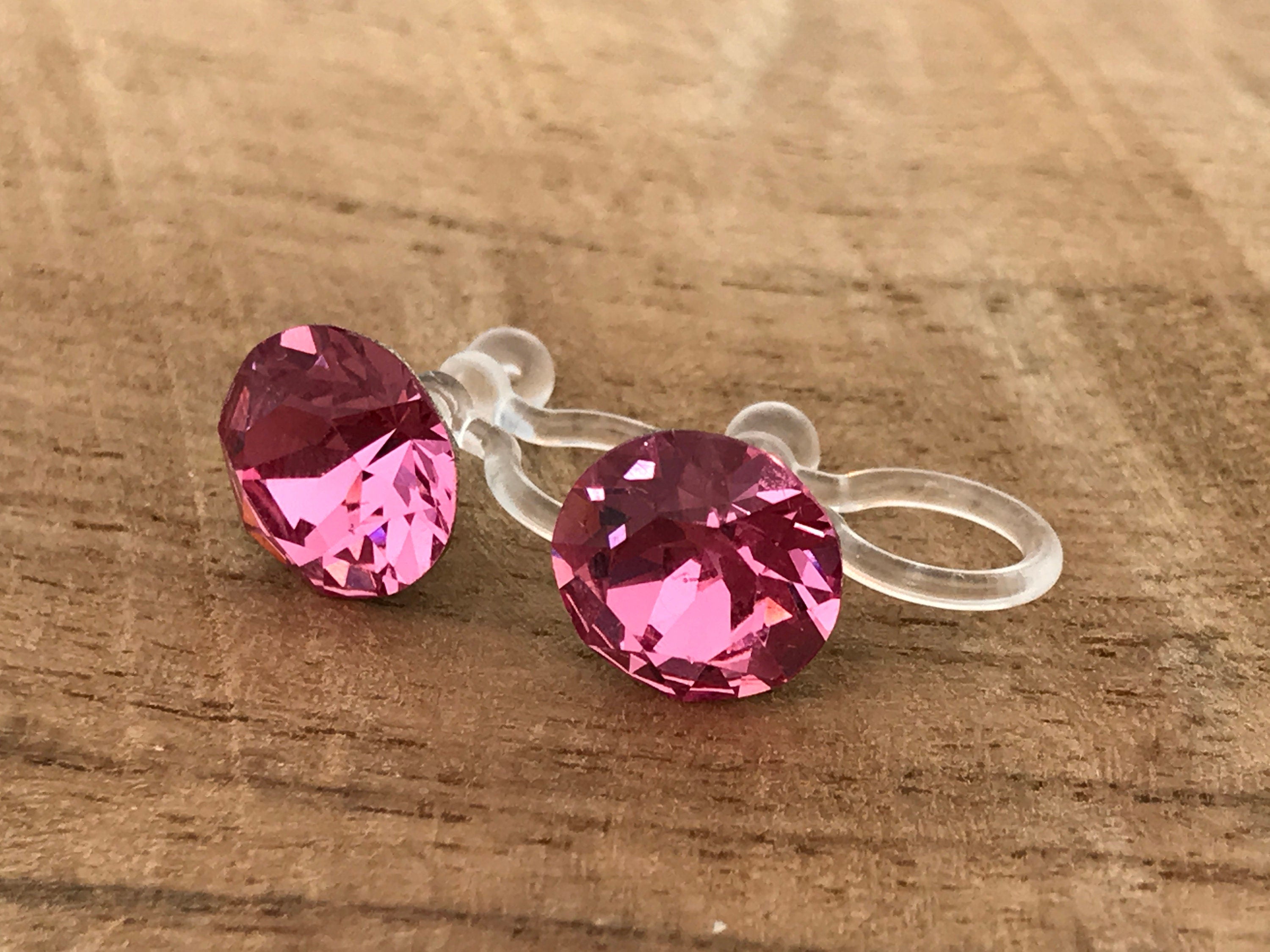Boucles d'oreilles CLIPS invisible Cristal Rond ROSE Cristaux PureCristal, Clips d'Oreille Petit Rond cristal Rose, Bijoux Minimaliste.
