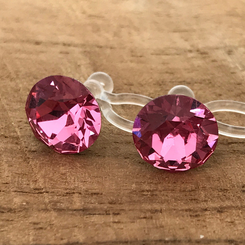 Boucles d'oreilles CLIPS invisible Cristal Rond ROSE Cristaux PureCristal, Clips d'Oreille Petit Rond cristal Rose, Bijoux Minimaliste.