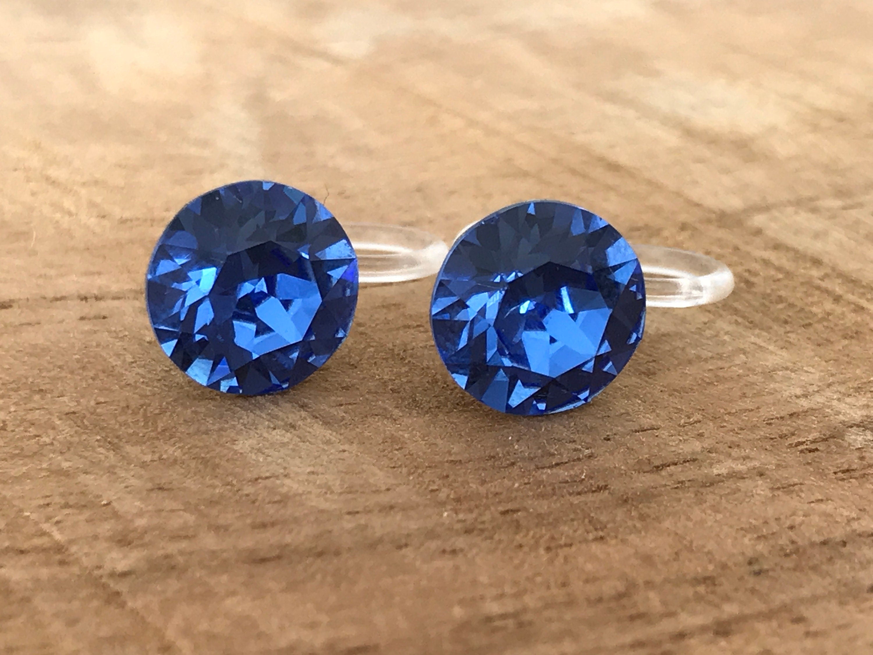 Boucles d'oreilles CLIPS invisible Cristal Rond SAPPHIR Cristaux PureCristal, Clips d'Oreille Petit Rond cristal Bleu, Bijoux Minimaliste.
