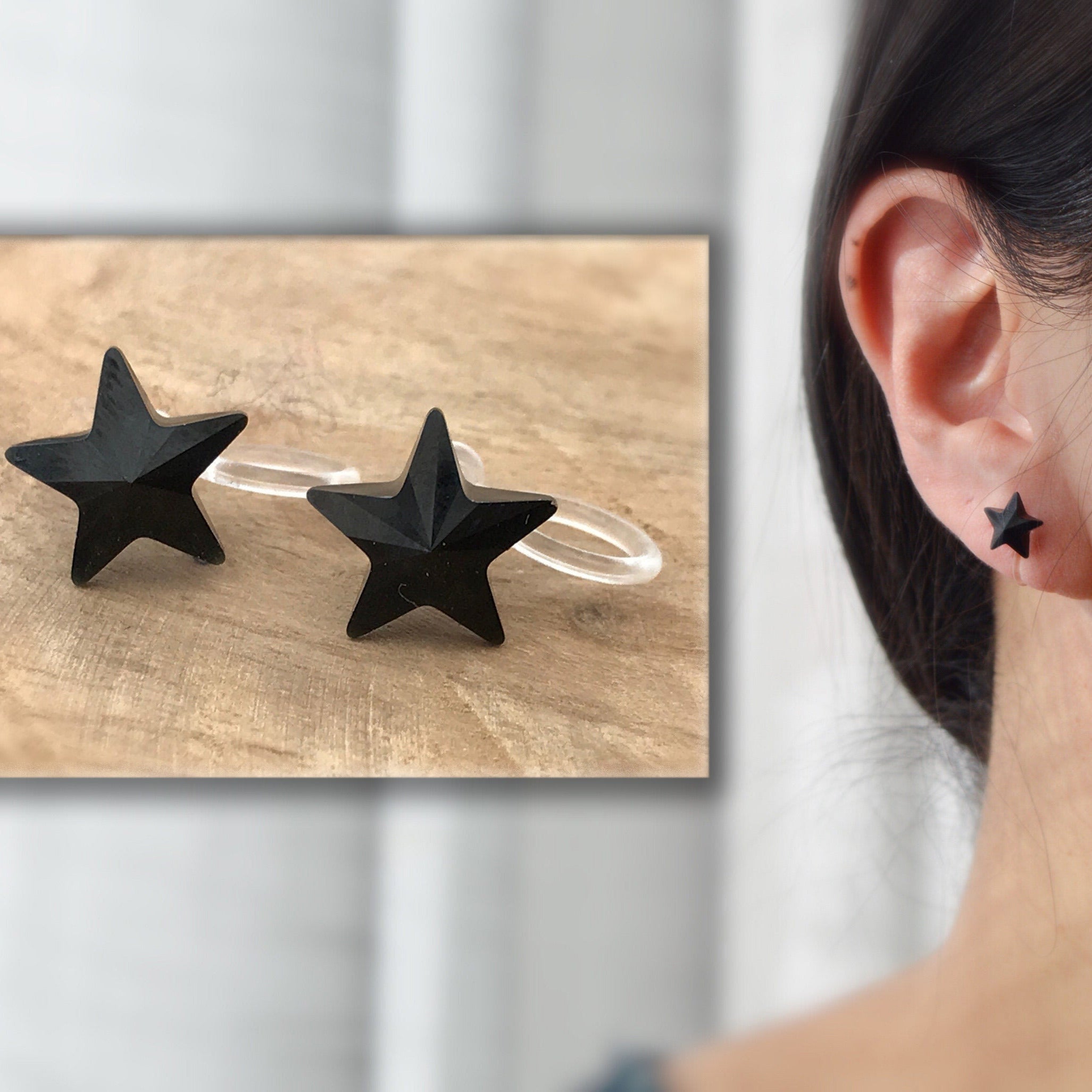 Swarovski Crystal black Star Invisible Clip on Earrings Modern Rhinestone Clip on Stud Earrings Simple Non Pierced Earrings