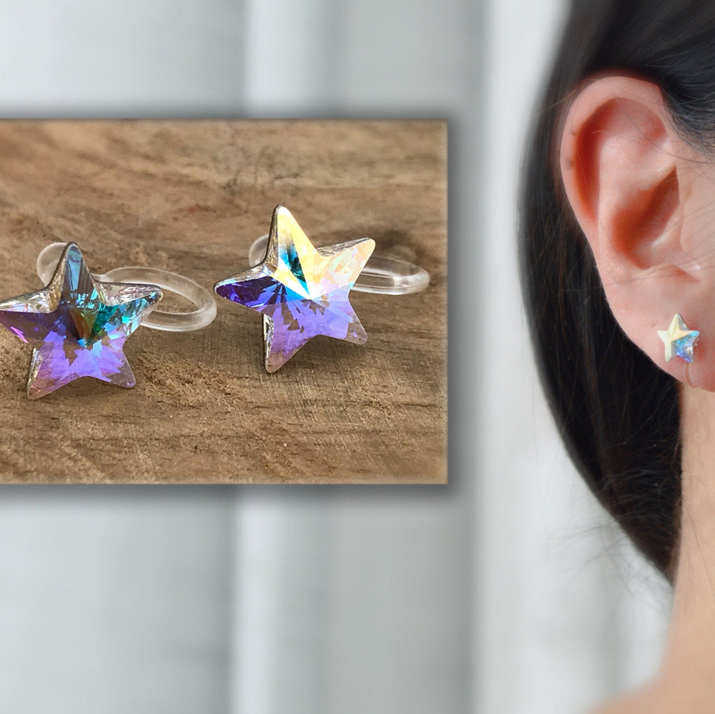Boucles d'oreilles CLIPS invisible Étoile cristal AB Cristaux PureCrystal, Petite étoile cristal Symphonie de couleurs bijoux quotidien.