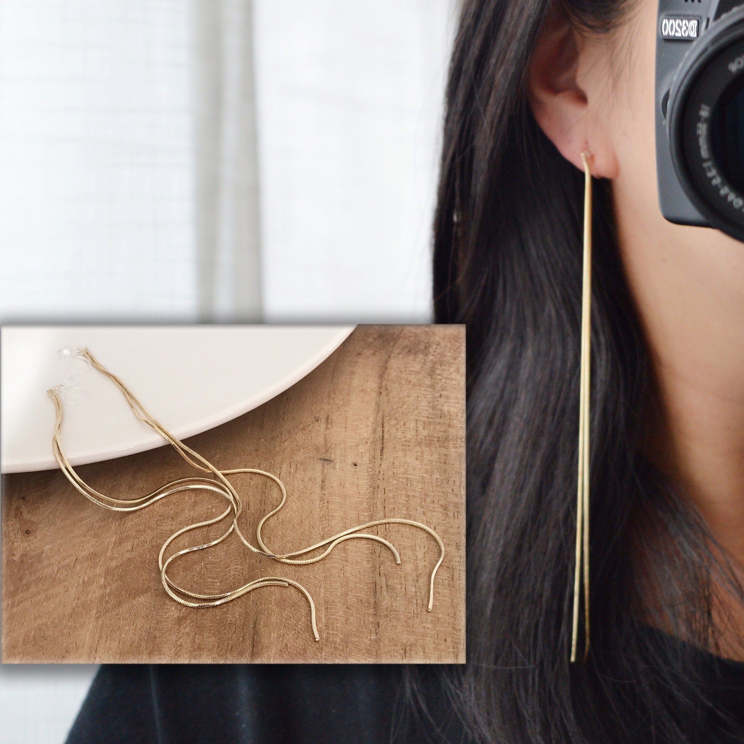 Super longues Boucles d'oreilles Clips INVISIBLES, Clips d'oreilles Doubles Chaîne doré. Bijoux Minimaliste.