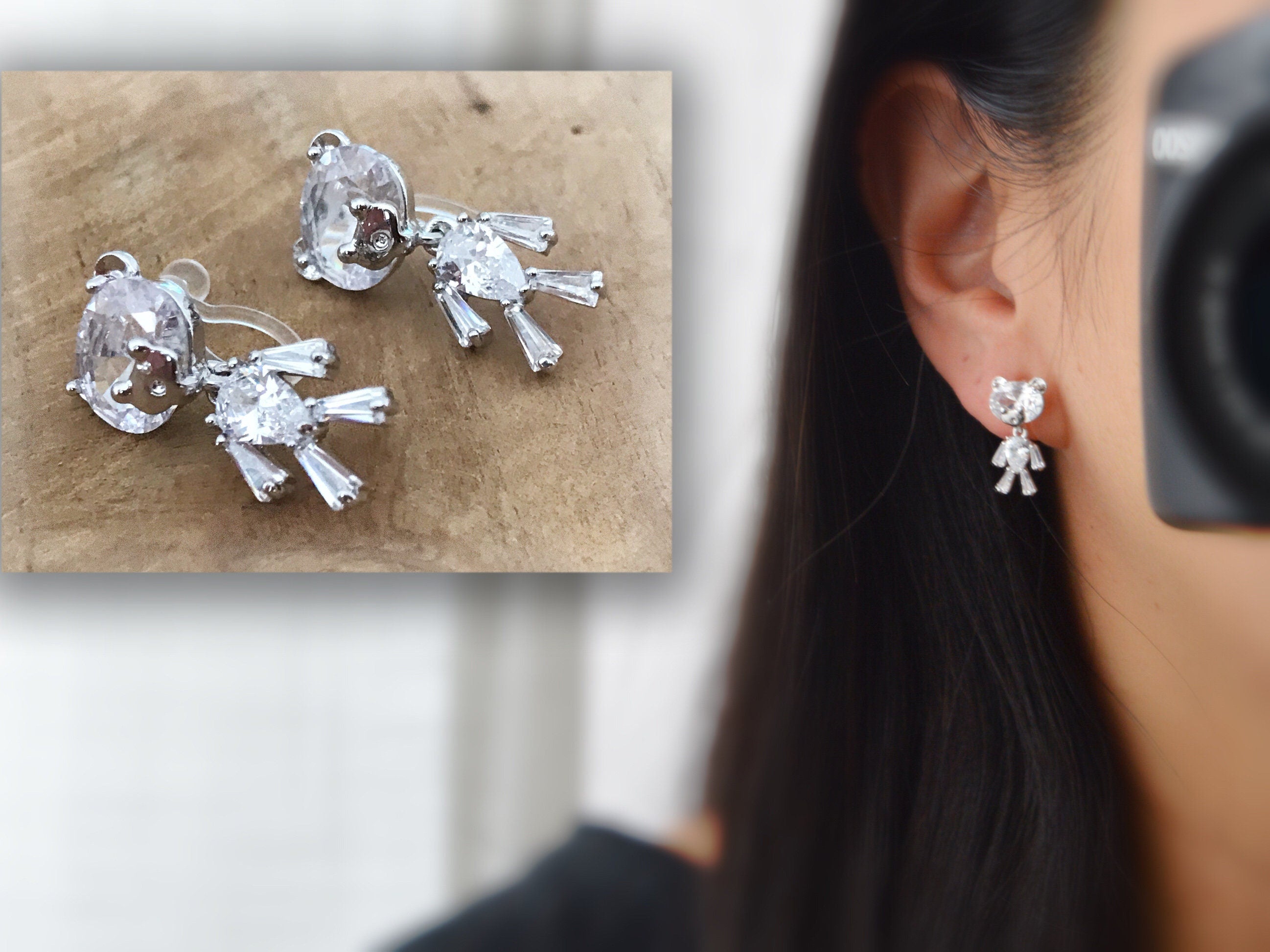 Sweet Clips d'oreilles INVISIBLES, Petit Ours Zircon cristal, trop mignon. Bijoux quotidien. Cadeau pour fille.